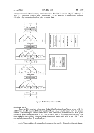 Int J Artif Intell ISSN: 2252-8938 
A hybrid framework for wild animal classification using fine-tuned … (Dhanushree Vijayendrakumar)
2087
feature concatenation and downsampling. The architecture of DenseNet121 is shown in Figure 2. The input is
fed to a 7×7 convolution layer with stride 2, followed by a 3×3 max pool layer for dimensionality reduction
with stride 2. The output of pooling layer is fed to a dense block.
Figure 2. Architecture of DenseNet121
3.3.2. Dense block
DenesNet121 is comprised of four dense blocks with different numbers of layers, such as 6, 12, 24,
and 16 layers [16]. The number of filters between dense blocks varies, while the feature map's size remains
constant. After computing the nonlinear operations like batch normalization, rectified linear unit (ReLU), and
convolution, the resulting feature maps of each layer are sent as inputs to succeeding connected layers. Each
dense block's last layer will have the feature map's concatenation. If there are L layers as in (1), the Lth
layer
receives the feature map from all preceding layers.
 