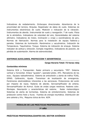 Indicadores de resbalamiento. Giróscopos direccionales. Advertencia de la
proximidad del terreno. Brújulas. Registrador de datos de vuelo. Sistemas de
instrumentos electrónicos de vuelo. Medición e indicación de la vibración.
Instrumentos de abordo. Instrumental de vuelo y navegación. T de vuelo. Física
de la atmósfera. Indicadores de velocidad del aire, Generalidades del sistema
altímetro. Indicadores de motor, Inclinación y viraje y coordinadores de giro,
Normas de fabricación. Normas para la instalación de equipo. Tableros y
paneles. Sistemas de iluminación. Manómetros y vacuómetros. Indicación de
Temperatura. Taquímetros. Torque. Sistema de indicación de empuje. Sistema
indicador de actitud y dirección. Compás magnético. Indicadores de posición, de
pérdida de sustentación. Alarma de sobrevelocidad.
SISTEMAS AUXILIARES, PROTECCION Y ADVERTENCIA
Carga Horaria Total: 72 horas reloj
Contenidos mínimos
Sistema GCA y Transponder. Radar primario y secundario. “PPI”. Sistema
vertical y horizontal. Enlace “guiador”, operador-piloto. ATC. Marcadores de los
ecos.. Equipos radioaltimetros. Sistema de anticolisión y alerta de tráfico TCAS,
GPWS. Calibración, Ajuste. Transmisor de localización de emergencia.
Fenómenos electrostáticos inherentes a las aeronaves. Protecciones del avión
por impacto de rayos. Radares de abordo. Servoamplificador de antena.
Servoamplificador de Acimut. Guías de ondas cargas resistivas. Radares color.
Montajes. Descripción y características del radome. Radar meteorológico
Sistemas de alerta de tormentas. Sistema de entretenimiento. Sistemas de
protección contra hielo y lluvia. Fuentes de energía neumática. Distribución del
aire caliente y frío, Maquina cíclica de Aire ACM.
MÓDULOS DE LAS PRÁCTICAS PROFESIONALIZANTES
7º AÑO
PRÁCTICAS PROFESIONALIZANTES DEL SECTOR AVIÓNICO
 