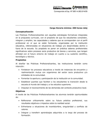 Corresponde al Exp. Nº 5801-4.863.914/09
Carga Horaria mínima: 200 horas reloj
Conceptualización
Las Prácticas Profesionalizantes son aquellas estrategias formativas integradas
en la propuesta curricular, con el propósito de que los estudiantes consoliden,
integren y amplíen, las capacidades y saberes que se corresponden con el perfil
profesional en el que se están formando, organizadas por la institución
educativa, referenciadas en situaciones de trabajo y/o desarrolladas dentro o
fuera de la escuela. Su propósito es poner en práctica saberes profesionales
significativos sobre procesos socio productivo de bienes y servicios, que tengan
afinidad con el futuro entorno de trabajo en cuanto a su sustento científico,
tecnológico y técnico.
Propósitos
Al diseñar las Prácticas Profesionalizantes, las instituciones tendrán como
intención:
• Fortalecer los procesos educativos a través de instancias de encuentro y
realimentación mutua con organismos del sector socio productivo y/o
entidades de la comunidad.
• Fomentar la apertura y participación de la institución en la comunidad.
• Establecer puentes que faciliten a los estudiantes la transición desde la
escuela al mundo del trabajo y a los estudios superiores.
• Impulsar el reconocimiento de las demandas del contexto productivo local.
Objetivos
A través de las Prácticas Profesionalizantes los alumnos tendrán oportunidades
de:
• Reflexionar críticamente sobre su futura práctica profesional, sus
resultados objetivos e impactos sobre la realidad social.
• Enfrentarse a situaciones de incertidumbre, singularidad y conflicto de
valores.
• Integrar y transferir aprendizajes adquiridos a lo largo del proceso de
formación.
 