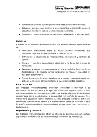 Corresponde al Exp. Nº 5801-4.863.914/09
• Fomentar la apertura y participación de la institución en la comunidad.
• Establecer puentes que faciliten a los estudiantes la transición desde la
escuela al mundo del trabajo y a los estudios superiores.
• Impulsar el reconocimiento de las demandas del contexto productivo local.
Objetivos
A través de las Prácticas Profesionalizantes los alumnos tendrán oportunidades
de:
• Reflexionar críticamente sobre su futura práctica profesional, sus
resultados objetivos e impactos sobre la realidad social.
• Enfrentarse a situaciones de incertidumbre, singularidad y conflicto de
valores.
• Integrar y transferir aprendizajes adquiridos a lo largo del proceso de
formación.
• Reconocer y valorar el trabajo decente en el marco de los Derechos de los
Trabajadores y del respeto por las condiciones de higiene y seguridad en
que debe desarrollarse.
• Formar integralmente a un ciudadano para ejercer responsablemente sus
deberes y derechos, complementando a su profesionalidad específica.
Caracterización
Las Prácticas Profesionalizantes pretenden familiarizar e introducir a los
estudiantes en los procesos y el ejercicio profesional vigentes, para lo cual
utilizan un variado tipo de estrategias didácticas ligadas a la dinámica profesional
caracterizada por la incertidumbre, la singularidad y el conflicto de valores. En el
marco de la Educación Técnico Profesional, estas prácticas formativas deben ser
concebidas como el núcleo central y al mismo tiempo, como eje transversal de la
formación, que da sentido al conjunto saberes y capacidades que comprenden un
título técnico.
Organización y Contexto
Las Prácticas Profesionalizantes abren un abanico de posibilidades para realizar
experiencias formativas en distintos contextos y entornos de aprendizaje.
 