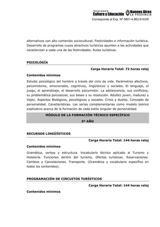 Corresponde al Exp. Nº 5801-4.863.914/09
alternativos con alto contenido sociocultural. Festividades e información turística.
Desarrollo de programas cuyos atractivos turísticos apunten a las actividades que
caracterizan a cada una de las festividades. Rutas turísticas.
PSICOLOGÍA
Carga Horaria Total: 72 horas reloj
Contenidos mínimos
Estudio psicológico del hombre a través del ciclo de vida. Parámetros afectivos,
psicomotores, emocionales, cognitivos, lingüísticos y sociales. El lenguaje, el
juego, el aprendizaje, el desarrollo psicomotor. La adolescencia, sus conflictos,
su problemática psicosocial, sus bases y su resolución. Adultez joven, madurez y
Vejez. Aspectos Biológicos, psicológicos y sociales. Crisis y duelos. Concepto de
personalidad. Características. Las series complementarias como modelo teórico
explicativo acerca de la formación de cada estilo singular de personalidad.
MÓDULO DE LA FORMACIÓN TÉCNICO ESPECÍFICO
5º AÑO
RECURSOS LINGÜÍSTICOS
Carga Horaria Total: 144 horas reloj
Contenidos mínimos
Gramática, verbos y estructura. Vocabulario técnico aplicado al Turismo y
Hotelería. Funciones dentro del turismo. Ofertas turísticas. Reservaciones.
Cambios y Cancelaciones. Transporte. (Gramática y vocabulario específico en
todos los contenidos).
PROGRAMACIÓN DE CIRCUITOS TURÍSTICOS
Carga Horaria Total: 144 horas reloj
Contenidos mínimos
 
