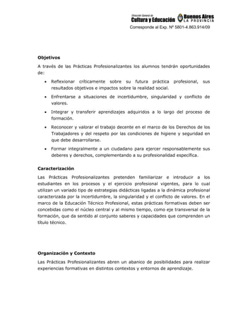 Corresponde al Exp. Nº 5801-4.863.914/09
Objetivos
A través de las Prácticas Profesionalizantes los alumnos tendrán oportunidades
de:
• Reflexionar críticamente sobre su futura práctica profesional, sus
resultados objetivos e impactos sobre la realidad social.
• Enfrentarse a situaciones de incertidumbre, singularidad y conflicto de
valores.
• Integrar y transferir aprendizajes adquiridos a lo largo del proceso de
formación.
• Reconocer y valorar el trabajo decente en el marco de los Derechos de los
Trabajadores y del respeto por las condiciones de higiene y seguridad en
que debe desarrollarse.
• Formar integralmente a un ciudadano para ejercer responsablemente sus
deberes y derechos, complementando a su profesionalidad específica.
Caracterización
Las Prácticas Profesionalizantes pretenden familiarizar e introducir a los
estudiantes en los procesos y el ejercicio profesional vigentes, para lo cual
utilizan un variado tipo de estrategias didácticas ligadas a la dinámica profesional
caracterizada por la incertidumbre, la singularidad y el conflicto de valores. En el
marco de la Educación Técnico Profesional, estas prácticas formativas deben ser
concebidas como el núcleo central y al mismo tiempo, como eje transversal de la
formación, que da sentido al conjunto saberes y capacidades que comprenden un
título técnico.
Organización y Contexto
Las Prácticas Profesionalizantes abren un abanico de posibilidades para realizar
experiencias formativas en distintos contextos y entornos de aprendizaje.
 