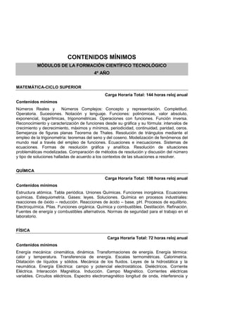 CONTENIDOS MÍNIMOS
MÓDULOS DE LA FORMACIÓN CIENTÍFICO TECNOLÓGICO
4º AÑO
MATEMÁTICA-CICLO SUPERIOR
Carga Horaria Total: 144 horas reloj anual
Contenidos mínimos
Números Reales y Números Complejos: Concepto y representación. Completitud.
Operatoria. Sucesiones. Notación y lenguaje. Funciones: polinómicas, valor absoluto,
exponencial, logarítmicas, trigonométricas. Operaciones con funciones. Función inversa.
Reconocimiento y caracterización de funciones desde su gráfica y su fórmula: intervalos de
crecimiento y decrecimiento, máximos y mínimos, periodicidad, continuidad, paridad, ceros.
Semejanza de figuras planas Teorema de Thales. Resolución de triángulos mediante el
empleo de la trigonometría: teoremas del seno y del coseno. Modelización de fenómenos del
mundo real a través del empleo de funciones. Ecuaciones e inecuaciones. Sistemas de
ecuaciones. Formas de resolución gráfica y analítica. Resolución de situaciones
problemáticas modelizadas. Comparación de métodos de resolución y discusión del número
y tipo de soluciones halladas de acuerdo a los contextos de las situaciones a resolver.
QUÍMICA
Carga Horaria Total: 108 horas reloj anual
Contenidos mínimos
Estructura atómica. Tabla periódica. Uniones Químicas. Funciones inorgánica. Ecuaciones
químicas. Estequiometría. Gases: leyes. Soluciones. Química en procesos industriales:
reacciones de óxido – reducción. Reacciones de ácido – base. pH. Procesos de equilibrio.
Electroquímica. Pilas. Funciones orgánica. Química y combustibles. Destilación. Refinación.
Fuentes de energía y combustibles alternativos. Normas de seguridad para el trabajo en el
laboratorio.
FÍSICA
Carga Horaria Total: 72 horas reloj anual
Contenidos mínimos
Energía mecánica: cinemática, dinámica. Transformaciones de energía. Energía térmica:
calor y temperatura. Transferencia de energía. Escalas termométricas. Calorimetría.
Dilatación de líquidos y sólidos. Mecánica de los fluidos. Leyes de la hidrostática y la
neumática. Energía Eléctrica: campo y potencial electrostáticos. Dieléctricos. Corriente
Eléctrica. Interacción Magnética. Inducción. Campo Magnético. Corrientes eléctricas
variables. Circuitos eléctricos. Espectro electromagnético longitud de onda, interferencia y
 