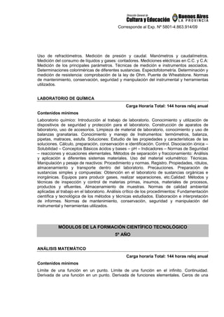 Corresponde al Exp. Nº 5801-4.863.914/09
Uso de refractómetros. Medición de presión y caudal. Manómetros y caudalímetros.
Medición del consumo de líquidos y gases: contadores. Mediciones eléctricas en C.C. y C.A:
Medición de los principales parámetros. Técnicas de medición e instrumentos asociados.
Determinaciones coloriméricas de diferentes sustancias. Espectofotometría. Determinación y
medición de resistencia: comprobación de la ley de Ohm. Puente de Wheatstone. Normas
de mantenimiento, conservación, seguridad y manipulación del instrumental y herramientas
utilizados.
LABORATORIO DE QUÍMICA
Carga Horaria Total: 144 horas reloj anual
Contenidos mínimos
Laboratorio químico: Introducción al trabajo de laboratorio. Conocimiento y utilización de
dispositivos de seguridad y protección para el laboratorio. Construcción de aparatos de
laboratorio, uso de accesorios. Limpieza de material de laboratorio, conocimiento y uso de
balanzas granatarias. Conocimiento y manejo de Instrumentos: termómetros, balanza,
pipetas, matraces, estufa. Soluciones: Estudio de las propiedades y características de las
soluciones. Cálculo, preparación, conservación e identificación. Control. Disociación iónica –
Solubilidad – Conceptos Básicos ácidos y bases – pH – Indicadores – Normas de Seguridad
– reacciones y ecuaciones elementales. Métodos de separación y fraccionamiento: Análisis
y aplicación a diferentes sistemas materiales. Uso del material volumétrico: Técnicas.
Manipulación y pesaje de reactivos: Procedimiento y normas. Registro. Propiedades, rótulos,
almacenamiento y transporte dentro del laboratorio. Precauciones. Preparación de
sustancias simples y compuestas: Obtención en el laboratorio de sustancias orgánicas e
inorgánicas. Equipos para producir gases, realizar separaciones, etc.Calidad: Métodos y
técnicas de inspección y control de materias primas, insumos, materiales de procesos,
productos y efluentes. Almacenamiento de muestras. Normas de calidad ambiental
aplicadas al trabajo en el laboratorio. Análisis crítico de los procedimientos: Fundamentación
científica y tecnológica de los métodos y técnicas estudiados. Elaboración e interpretación
de informes. Normas de mantenimiento, conservación, seguridad y manipulación del
instrumental y herramientas utilizados.
MÓDULOS DE LA FORMACIÓN CIENTÍFICO TECNOLÓGICO
5º AÑO
ANÁLISIS MATEMÁTICO
Carga horaria Total: 144 horas reloj anual
Contenidos mínimos
Límite de una función en un punto. Límite de una función en el infinito. Continuidad.
Derivada de una función en un punto. Derivada de funciones elementales. Ceros de una
 