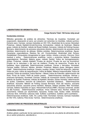 LABORATORIO DE BROMATOLOGÍA
Carga Horaria Total: 144 horas reloj anual
Contenidos mínimos
Métodos generales de análisis de alimentos: Técnicas de muestreo; Humedad: por
evaporación, desecación al vacío, por arrastre con solventes no miscibles, método químico;
Extracto seco; Cenizas: cenizas insolubles en HCl 10%; Alcalinidad de la ceniza; Densidad;
Proteínas: método Kjeldahl-Arnold-Gunning; Aminoácidos: método de Sorënsen; Materia
grasa: método de Soxhlet, método de Rosse Gottlieb; Azúcares: método de Fehling-Causse-
Bonnans, determinación de azúcares reductores directos, determinación de azúcares previa
hidrólisis, determinación de aldosas; Sólidos solubles. Determinaciones analíticas. Aguas:
Caracteres organolépticos; Residuo fijo; pH; Conductividad; Alcalinidad total; Dureza;
Oxidabilidad; Compuestos nitrogenados en agua: nitritos, nitratos y amonio; Cloruros; Cloro
residual o activo. . Determinaciones analíticas. Leche y productos lácteos: Caracteres
organolépticos; Densidad; Materia grasa: método Gerber; Índice de homogeneización;
Acidez; Proteínas: método Kjeldahl; Prueba de alcohol; Prueba de azul de bromotimol;
Prueba de la reductasa o del azul de metileno; Prueba de resazurina; Prueba de la
fosfatasa; Agua oxigenada. Determinaciones analíticas. Carnes y derivados: Humedad;
Cenizas totales; Cloruros; Nitritos; Almidón; Proteínas; Materia grasa; Nitrógeno básico
volátil. . Determinaciones analíticas. Grasas y aceites: Acidez; Índice de refracción; Jabones;
Índice de yodo; índice de saponificación; índice de Bellier; Materia insaponificable; Índice de
peróxido; Índice de anisidina; Índice Reicher – Meissl; Índice de Polenske; determinación del
título; Punto de fusión; Perfil de ácidos grasos. . Determinaciones analíticas. Harinas y
productos farináceos: Humedad; Cenizas: método de incineración directa; Extracto etéreo:
método de Soxhlet; Proteínas: método de Kjeldahl; Almidón; Gluten Húmedo; determinación
de acidez; Colesterol: reacción de Liebermann; Actividad diastásica. . Determinaciones
analíticas. Azúcares: Método de Fehling Causse Bonnans: título del reactivo, azúcares
reductores directos; azúcares previa hidrólisis; Aldosas; Sólidos solubles; Miel: Humedad;
Cenizas; Sólidos insolubles en agua; Hidroximetil furfural (HMF); Glucosa comercial; Jarabe
de alta fructosa. . Determinaciones analíticas. Vinos: Extracto seco; Alcohol: método por
picnometría; método por alcohómetro; Azúcares; Acidez total; Acidez volátil; Anhídrido
sulfuroso libre; Anhídrido sulfuroso total; Sulfatos cuantitativo; Sulfatos semi-cuantitativo. .
Determinaciones analíticas. Café, Té y yerba mate: Humedad; Cenizas; Cenizas insolubles
en HCl 10%; Cafeína; Fibra bruta; Taninos. Determinaciones analíticas.
LABORATORIO DE PROCESOS INDUSTRIALES
Carga Horaria Total: 144 horas reloj anual
Contenidos mínimos
Análisis global y particular de las operaciones y procesos de una planta de alimentos dentro
de un sector productivo, atendiendo a:
 