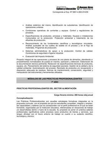Corresponde al Exp. Nº 5801-4.863.914/09
• Análisis sistémico del mismo. Identificación de subsistemas. Identificación de
operaciones unitarias
• Condiciones operativas de corrientes y equipos. Control y regulaciones de
procesos.
• Especificaciones de productos, procesos y materiales. Equipos e instalaciones
involucrados en la producción. Protección ambiental y tratamiento de los
efluentes de producción.
• Reconocimiento de los fundamentos científicos y tecnológicos vinculados.
Análisis puntuales de los cuellos de botella en el proceso y en el flujo de
materiales. Programas de producción.
• Sistemas administrativos de apoyo a la producción. Control de calidad.
Condiciones de seguridad e higiene industrial.
• Evaluación del Impacto Ambiental.
Proyecto integral de las operaciones y procesos de una planta de alimentos, atendiendo a:
procedimientos normalizados de puesta en marcha, operación y detención. Elaboración de
la documentación técnica pertinente. Redacción de especificaciones técnicas de productos,
equipos, etc. Planeamiento del sistema de seguridad asociado. Gestión de la calidad y de la
calidad ambiental. Automatización del proceso. Reciclado de productos y/o recuperación y
disposición adecuada de residuos. Normas de mantenimiento, conservación, seguridad y
manipulación del instrumental y herramientas utilizados.
MÓDULOS DE LAS PRÁCTICAS PROFESIONALIZANTES
7º AÑO
PRÁCTICAS PROFESIONALIZANTES DEL SECTOR ALIMENTACIÓN
Carga Horaria mínima: 200 horas reloj anual
Conceptualización
Las Prácticas Profesionalizantes son aquellas estrategias formativas integradas en la
propuesta curricular, con el propósito de que los estudiantes consoliden, integren y amplíen,
las capacidades y saberes que se corresponden con el perfil profesional en el que se están
formando, organizadas por la institución educativa, referenciadas en situaciones de trabajo
y/o desarrolladas dentro o fuera de la escuela. Su propósito es poner en práctica saberes
profesionales significativos sobre procesos socio productivo de bienes y servicios, que
tengan afinidad con el futuro entorno de trabajo en cuanto a su sustento científico,
tecnológico y técnico.
 
