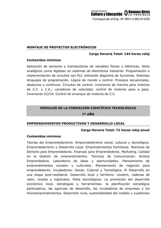 Corresponde al Exp. Nº 5801-4.863.914/09
MONTAJE DE PROYECTOS ELECTRÓNICOS
Carga Horaria Total: 144 horas reloj
Contenidos mínimos
Aplicación de sensores y transductores de variables físicas y eléctricas, tanto
analógicos como digitales en sistemas de electrónica industrial. Programación e
implementación de circuitos con PLC utilizando diagrama de funciones. Distintos
lenguajes de programación. Lógica de mando y control. Procesos secuenciales,
aleatorios y continuos. Circuitos de control: inversores de marcha para motores
de C.C. y C.A.; variadores de velocidad; control de motores paso a paso.
Inversores CC/CA. Control de arranque de motores de C.C.
MÓDULOS DE LA FORMACIÓN CIENTÍFICO TECNOLÓGICO
7º AÑO
EMPRENDIMIENTOS PRODUCTIVOS Y DESARROLLO LOCAL
Carga Horaria Total: 72 horas reloj anual
Contenidos mínimos
Teorías del Emprendedorismo. Emprendedorismo social, cultural y tecnológico.
Emprendedorismo y Desarrollo Local. Emprendimientos Familiares. Nociones de
Derecho para Emprendedores. Finanzas para Emprendedores. Marketing. Calidad
en la Gestión de emprendimientos. Técnicas de Comunicación. Actitud
Emprendedora. Laboratorio de ideas y oportunidades. Planeamiento de
emprendimientos sociales y culturales. Planeamiento de negocios para
emprendedores. Incubadoras: Social; Cultural y Tecnológica. El Desarrollo en
una etapa post-neoliberal. Desarrollo local y territorio: clusters, cadenas de
valor, locales y regionales. Polos tecnológicos. La promoción del desarrollo
económico local, estrategias y herramientas: la planificación estratégica
participativa, las agencias de desarrollo, las incubadoras de empresas y los
microemprendimientos. Desarrollo rural, sustentabilidad del modelo y cuestiones
 