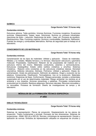 QUÍMICA
Carga Horaria Total: 72 horas reloj
Contenidos mínimos
Estructura atómica. Tabla periódica. Uniones Químicas. Funciones inorgánica. Ecuaciones
químicas. Estequiometría. Gases: leyes. Soluciones. Química en procesos industriales:
reacciones de óxido – reducción. Reacciones de ácido – base. pH. Procesos de equilibrio.
Electroquímica. Pilas. Funciones orgánica. Química y combustibles. Destilación. Refinación.
Fuentes de energía y combustibles alternativos. Normas de seguridad para el trabajo en el
laboratorio.
CONOCIMIENTO DE LOS MATERIALES
Carga Horaria Total: 72 horas reloj
Contenidos mínimos
Caracterización de los tipos de materiales: Utilidad y aplicación. Clases de materiales.
Metales y no metales. Metales ferrosos y no ferrosos. Descripción estructural y geometría
molecular. Propiedades. Clasificación. Relación de las propiedades del material con la
estructura interna del mismo. Materiales conductores, aislantes y semiconductores.
Estructuras metalográfica: Estado sólido (sólidos cristalinos y amorfos). Sistemas
Cristalinos. Relación entre constantes en las estructuras cristalinas básicas. Densidad
volumétrica. Defectos reticulares. Alotropía. Polímeros: Utilidad y aplicación. Clases de:
polimerización. Grado de polimerización. Definición de plásticos. Origen y evolución de los
plásticos. Componentes. Clasificación. Termoplásticos. Uso en la producción. Materiales
cerámicos. Diagramas de fases. Conformación. Riesgos personales, sociales y ambientales
ocasionados por el uso de determinados materiales. Riesgo ambiental: los cambios en el
ambiente y sus impactos. Acciones preventivas y paliativas. Principales contaminantes
producidos por la industria. Residuos peligrosos. Recursos naturales: Recursos renovables y
no renovables. Procesos de formación. Diseño de investigaciones de campo y de
laboratorio.
MÓDULOS DE LA FORMACIÓN TÉCNICO ESPECÍFICA
4º AÑO
DIBUJO TECNOLÓGICO
Carga Horaria Total: 72 horas reloj
Contenidos mínimos
Sistemas de representación: Planos de proyección. Desplazamiento de los planos de
proyección. Triedro fundamental y principal. Concepto de tres dimensiones. Sistemas de
proyecciones - IRAM, ISO (A) e ISO (E). Normas y simbología de representación: Estudio y
aplicación de normas. Símbolos de representación utilizados en esquemas de circuitos y
 