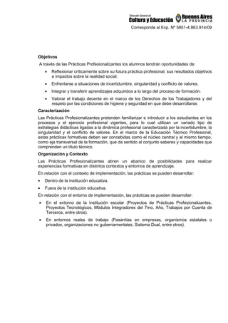 Corresponde al Exp. Nº 5801-4.863.914/09
Objetivos
A través de las Prácticas Profesionalizantes los alumnos tendrán oportunidades de:
• Reflexionar críticamente sobre su futura práctica profesional, sus resultados objetivos
e impactos sobre la realidad social.
• Enfrentarse a situaciones de incertidumbre, singularidad y conflicto de valores.
• Integrar y transferir aprendizajes adquiridos a lo largo del proceso de formación.
• Valorar el trabajo decente en el marco de los Derechos de los Trabajadores y del
respeto por las condiciones de higiene y seguridad en que debe desarrollarse.
Caracterización
Las Prácticas Profesionalizantes pretenden familiarizar e introducir a los estudiantes en los
procesos y el ejercicio profesional vigentes, para lo cual utilizan un variado tipo de
estrategias didácticas ligadas a la dinámica profesional caracterizada por la incertidumbre, la
singularidad y el conflicto de valores. En el marco de la Educación Técnico Profesional,
estas prácticas formativas deben ser concebidas como el núcleo central y al mismo tiempo,
como eje transversal de la formación, que da sentido al conjunto saberes y capacidades que
comprenden un título técnico.
Organización y Contexto
Las Prácticas Profesionalizantes abren un abanico de posibilidades para realizar
experiencias formativas en distintos contextos y entornos de aprendizaje.
En relación con el contexto de implementación, las prácticas se pueden desarrollar:
• Dentro de la institución educativa.
• Fuera de la institución educativa.
En relación con el entorno de implementación, las prácticas se pueden desarrollar:
• En el entorno de la institución escolar (Proyectos de Prácticas Profesionalizantes,
Proyectos Tecnológicos, Módulos Integradores del 7mo. Año, Trabajos por Cuenta de
Terceros, entre otros).
• En entornos reales de trabajo (Pasantías en empresas, organismos estatales o
privados, organizaciones no gubernamentales, Sistema Dual, entre otros).
 