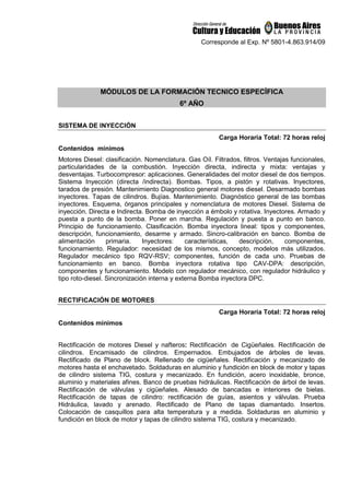 Corresponde al Exp. Nº 5801-4.863.914/09
MÓDULOS DE LA FORMACIÓN TECNICO ESPECÍFICA
6º AÑO
SISTEMA DE INYECCIÓN
Carga Horaria Total: 72 horas reloj
Contenidos mínimos
Motores Diesel: clasificación. Nomenclatura. Gas Oíl. Filtrados, filtros. Ventajas funcionales,
particularidades de la combustión. Inyección directa, indirecta y mixta: ventajas y
desventajas. Turbocompresor: aplicaciones. Generalidades del motor diesel de dos tiempos.
Sistema Inyección (directa /indirecta). Bombas. Tipos, a pistón y rotativas. Inyectores,
tarados de presión. Mantenimiento Diagnostico general motores diesel. Desarmado bombas
inyectores. Tapas de cilindros. Bujías. Mantenimiento. Diagnóstico general de las bombas
inyectores. Esquema, órganos principales y nomenclatura de motores Diesel. Sistema de
inyección. Directa e Indirecta. Bomba de inyección a émbolo y rotativa. Inyectores. Armado y
puesta a punto de la bomba. Poner en marcha. Regulación y puesta a punto en banco.
Principio de funcionamiento. Clasificación. Bomba inyectora lineal: tipos y componentes,
descripción, funcionamiento, desarme y armado. Sincro-calibración en banco. Bomba de
alimentación primaria. Inyectores: características, descripción, componentes,
funcionamiento. Regulador: necesidad de los mismos, concepto, modelos más utilizados.
Regulador mecánico tipo RQV-RSV; componentes, función de cada uno. Pruebas de
funcionamiento en banco. Bomba inyectora rotativa tipo CAV-DPA: descripción,
componentes y funcionamiento. Modelo con regulador mecánico, con regulador hidráulico y
tipo roto-diesel. Sincronización interna y externa Bomba inyectora DPC.
RECTIFICACIÓN DE MOTORES
Carga Horaria Total: 72 horas reloj
Contenidos mínimos
Rectificación de motores Diesel y nafteros: Rectificación de Cigüeñales. Rectificación de
cilindros. Encamisado de cilindros. Empernados. Embujados de árboles de levas.
Rectificado de Plano de block. Rellenado de cigüeñales. Rectificación y mecanizado de
motores hasta el enchavetado. Soldaduras en aluminio y fundición en block de motor y tapas
de cilindro sistema TIG, costura y mecanizado. En fundición, acero inoxidable, bronce,
aluminio y materiales afines. Banco de pruebas hidráulicas. Rectificación de árbol de levas.
Rectificación de válvulas y cigüeñales. Alesado de bancadas e interiores de bielas.
Rectificación de tapas de cilindro: rectificación de guías, asientos y válvulas. Prueba
Hidráulica, lavado y arenado. Rectificado de Plano de tapas diamantado. Insertos.
Colocación de casquillos para alta temperatura y a medida. Soldaduras en aluminio y
fundición en block de motor y tapas de cilindro sistema TIG, costura y mecanizado.
 