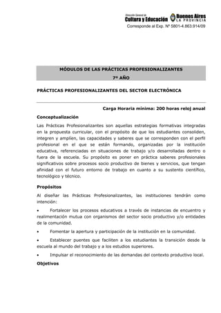 Corresponde al Exp. Nº 5801-4.863.914/09
MÓDULOS DE LAS PRÁCTICAS PROFESIONALIZANTES
7º AÑO
PRÁCTICAS PROFESIONALIZANTES DEL SECTOR ELECTRÓNICA
Carga Horaria mínima: 200 horas reloj anual
Conceptualización
Las Prácticas Profesionalizantes son aquellas estrategias formativas integradas
en la propuesta curricular, con el propósito de que los estudiantes consoliden,
integren y amplíen, las capacidades y saberes que se corresponden con el perfil
profesional en el que se están formando, organizadas por la institución
educativa, referenciadas en situaciones de trabajo y/o desarrolladas dentro o
fuera de la escuela. Su propósito es poner en práctica saberes profesionales
significativos sobre procesos socio productivo de bienes y servicios, que tengan
afinidad con el futuro entorno de trabajo en cuanto a su sustento científico,
tecnológico y técnico.
Propósitos
Al diseñar las Prácticas Profesionalizantes, las instituciones tendrán como
intención:
• Fortalecer los procesos educativos a través de instancias de encuentro y
realimentación mutua con organismos del sector socio productivo y/o entidades
de la comunidad.
• Fomentar la apertura y participación de la institución en la comunidad.
• Establecer puentes que faciliten a los estudiantes la transición desde la
escuela al mundo del trabajo y a los estudios superiores.
• Impulsar el reconocimiento de las demandas del contexto productivo local.
Objetivos
 