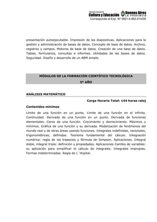 Corresponde al Exp. Nº 5801-4.863.914/09
presentación autoejecutable. Impresión de las diapositivas. Aplicaciones para la
gestión y administración de bases de datos. Concepto de base de datos. Archivo,
registros y campos. Motores de base de datos. Creación de una base de datos.
Tablas, formularios, consultas e informes. Utilidades de las bases de datos.
Seguridad. Diseño y desarrollo de un ABM simple.
MÓDULOS DE LA FORMACIÓN CIENTÍFICO TECNOLÓGICA
5º AÑO
ANÁLISIS MATEMÁTICO
Carga Horaria Total: 144 horas reloj
Contenidos mínimos
Límite de una función en un punto. Límite de una función en el infinito.
Continuidad. Derivada de una función en un punto. Derivada de funciones
elementales. Ceros de una función. Crecimiento y decrecimiento. Máximos y
mínimos. Gráfica de una función y su derivada. Modelización de fenómenos del
mundo real y de otras áreas usando funciones. Integrales indefinidas, racionales,
trigonométricas, definidas. Teorema fundamental del cálculo. Integración
numérica: regla de los trapecios y fórmula de Simpson. Aplicaciones. Integral
doble, integral triple: definición y propiedades. Aplicaciones Cambio de variables:
su aplicación para simplificar el cálculo de integrales. Integrales impropias.
Formas indeterminadas. Regla de L´Hopital.
 