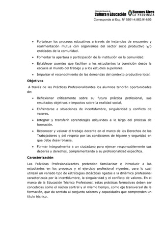 Corresponde al Exp. Nº 5801-4.863.914/09
• Fortalecer los procesos educativos a través de instancias de encuentro y
realimentación mutua con organismos del sector socio productivo y/o
entidades de la comunidad.
• Fomentar la apertura y participación de la institución en la comunidad.
• Establecer puentes que faciliten a los estudiantes la transición desde la
escuela al mundo del trabajo y a los estudios superiores.
• Impulsar el reconocimiento de las demandas del contexto productivo local.
Objetivos
A través de las Prácticas Profesionalizantes los alumnos tendrán oportunidades
de:
• Reflexionar críticamente sobre su futura práctica profesional, sus
resultados objetivos e impactos sobre la realidad social.
• Enfrentarse a situaciones de incertidumbre, singularidad y conflicto de
valores.
• Integrar y transferir aprendizajes adquiridos a lo largo del proceso de
formación.
• Reconocer y valorar el trabajo decente en el marco de los Derechos de los
Trabajadores y del respeto por las condiciones de higiene y seguridad en
que debe desarrollarse.
• Formar integralmente a un ciudadano para ejercer responsablemente sus
deberes y derechos, complementando a su profesionalidad específica.
Caracterización
Las Prácticas Profesionalizantes pretenden familiarizar e introducir a los
estudiantes en los procesos y el ejercicio profesional vigentes, para lo cual
utilizan un variado tipo de estrategias didácticas ligadas a la dinámica profesional
caracterizada por la incertidumbre, la singularidad y el conflicto de valores. En el
marco de la Educación Técnico Profesional, estas prácticas formativas deben ser
concebidas como el núcleo central y al mismo tiempo, como eje transversal de la
formación, que da sentido al conjunto saberes y capacidades que comprenden un
título técnico.
 