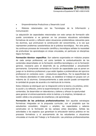 Corresponde al Expediente Nº 5801-4.863.914/09
• Emprendimientos Productivos y Desarrollo Local
• Módulos relacionados con las Tecnologías de la Información y
Comunicación
La adquisición de capacidades relacionadas con este campo de formación sólo
puede concretarse si se generan en los procesos educativos actividades
formativas de acción y reflexión sobre situaciones problemáticas relevantes para
los alumnos, que promuevan la construcción del conocimiento, a la vez que
representen problemas característicos de la práctica tecnológica. Por otra parte,
los continuos procesos de innovación científica y tecnológica señalan la necesidad
de profundizar los aprendizajes en áreas vinculadas, en particular en disciplinas
lógico-formales.
Formación técnico- específica: Son saberes organizados en módulos propios
de cada campo profesional, así como también la contextualización de los
contenidos desarrollados en la formación científico-tecnológica y en la formación
general, necesaria para el desarrollo de su profesionalidad y actualización
permanente. Comprende contenidos en función de capacidades que se ponen en
juego en la dinámica profesional y que están ligados a problemáticas del ejercicio
profesional en contextos socio – productivos específicos. Por la especificidad de
los módulos abordados en este campo, se establece el trabajo en grupos con un
máximo de 15 alumnos. Consecuentemente a cada sección puede corresponder
la cantidad de grupos de acuerdo a la matrícula de la misma.
Estos módulos se distinguen por la integración entre la teoría y la práctica, entre
la acción y la reflexión, entre la experimentación y la construcción de los
contenidos. Se desarrollan en laboratorios y talleres y ofrecen la oportunidad
para generar el entrecruzamiento entre lo teórico y lo empírico, brindando un
sostén válido a los procesos de enseñanza y de aprendizaje.
Formación de las prácticas profesionalizantes: Son aquellas estrategias
formativas integradas en la propuesta curricular, con el propósito que los
estudiantes consoliden, integren y amplíen, las capacidades y saberes
construidos en la formación de los campos antes descriptos. Señala las
actividades o los espacios que garantizan la articulación teórica práctica en los
procesos formativos y el acercamiento de los estudiantes a situaciones
vinculadas al mundo del Trabajo y la Producción. Las prácticas profesionalizantes
 