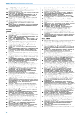 We Need to Talk: Measuring intercultural dialogue for peace and inclusion
102
com/2012/12/21/ibadism-the-religion-of-oman/
183 Times of Oman. (2021, May 16). Oman’s population crosses over 4.5 million.
Times of Oman. https://timesofoman.com/article/101291-omans-
population-crosses-over-45-million
184 UNESCO Institute for Statistics. (2020). School enrollment, secondary, female
(% net)—Oman | Data. uis.unesco.org
185 UNICEF. (2011). OMAN: MENA Gender Equality Profile Status of Girls and
Women in the Middle East and North Africa. https://www.unicef.org/
gender/files/Oman-Gender-Eqaulity-Profile-2011.pdf
186 United States Department of State. (2020). OMAN 2020 HUMAN RIGHTS
REPORT. https://www.state.gov/reports/2019-country-reports-on-human-
rights-practices/
187 Valeri, M. (2020, January 21). Oman’s new sultan faces mammoth
challenges. BBC News. https://www.bbc.com/news/world-middle-
east-51112191
188 Wrapping up Vision 2020, solidifying Vision 2040. (2019). The Business Year.
https://www.thebusinessyear.com/oman-2019/wrapping-up-vision-2020-
solidifying-vision-2040/focus
SECTION 4
Education
1 Aman, R. (2017). Colonial differences in intercultural education: On
interculturality in the Andes and the decolonization of intercultural dialogue.
Contesting Coloniality.
2 Andreotti, V. (2006). Soft Versus Critical Global Citizenship Education. Policy
& Practice (Centre for Global Education), 3, 40-51.
3 Appiah, A. (2006). Cosmopolitanism: Ethics in a world of strangers (1.st ed.,
Issues of our time (W.W. Norton & Company)). New York: W.W. Norton &
Company.
4 Barrett, M. et al. (2014). Developing intercultural competence through
education. Strasbourg: Council of Europe Publishing.
5 Bhabha, J. (2014). Child migration and human rights in a global age.
Princeton: Princeton University Press.
6 Bhabha, J. (2016). When Water is Safer that Land: Addressing Distress
Migration.
7 Bokova, I (2020). Empowering Global Citizens for a Just and Peaceful World.
In Humanitarianism and Mass Migration: Confronting the world’s crisis.
Suarez-Orozco, Marcelo Editor. Oakland, CA: University of California Press,
Ross Institute.
8 Boix Mansilla, V. (2016). How to be a global thinker. Educational Leadership
74(4), 10-16.
9 Boix Mansilla V. (2018). Re-imagining Migration: Toward a New Educational
Framework for a World on the Move. Project Zero, Harvard Graduate School
of Education.
10 Boix Mansilla, V. and H. Gardner (2007), “From teaching globalization to
nurturing global consciousness” in Suárez-Orozco, M. (ed.) In Learning in the
global era; International perspectives on globalization and education (pp.
47-66). California: University of California Press.
11 Boix Mansilla, V. & Chua, F. (2017). Signature Pedagogies in Global
Competence Education: Understanding Quality Teaching Practice. In: Choo
S., Sawch D., Villanueva A., Vinz R. (eds) Educating for the 21st Century.
Singapore: Springer.
12 Boix Mansilla, V., Suárez-Orozco, C., Wilson, D. (2021). Socio emotional
thinking routines for teaching in a diverse, complex and moving world –
Educator’s guide. Project Zero and Reimagining Migration.
13 Bronfenbrenner, U. (1994). Ecological models of human development.
International Encyclopedia of Education 2(3).
14 Bronfenbrenner, U. Morris, P. (2006). Bioecological model of human
development. In Lerner, R. and Damon, W., Handbook of Child Psychology.
New York: Wiley.
15 Broome, B. et al. (2019). Building an inclusive climate for intercultural
dialogue: A participant-generated framework. Negotiation and conflict
management research.
16 Cederman, L., Weidmann, N., & Gleditsch, K. (2011). Horizontal Inequalities
and Ethnonationalist Civil War: A Global Comparison. The American Political
Science Review, 105(3), 478–495. https://doi.org/10.1017/
S0003055411000207
17 Christina Suciu, M. & Trocmaer Ana Maria, N. (2014). A Perspective on
intercultural dialogue in education. SEA – Practical Application of Science.
18 Council of Europe. (2018). Reference framework of competences for
democratic culture, volume 1: Context, concepts and model. Strasbourg:
Council of Europe Publishing.
19 Deardorff, D.K. (2020). Manual for developing intercultural competences:
Story circles. UNESCO/Routledge.
20 Dulabaum, N. (2011). A pedagogy for global understanding – Intercultural
dialogue: From theory to practice. Policy Futures in Education.
21 Elias, A., & Mansouri, F. (2020). A Systematic Review of Studies on
Interculturalism and Intercultural Dialogue. Journal of Intercultural Studies,
41(4), 490–523. https://doi.org/10.1080/07256868.2020.1782861
22 Kymlicka, W. (1995). Multicultural citizenship: A liberal theory of minority
rights. Oxford: Oxford University Press.
23 Lähdesmäki, T., Aino-Kaisa, K., Susanne, Y. (2020). Intercultural dialogue in
the European education policies – A conceptual approach. Palgrave
Macmillan
24 Lave, J. & Wenger, E. (1991). Situated learning: Legitimate peripheral
participation. Cambridge: Cambridge University Press.
25 OECD. (2018). Preparing our Youth for an Inclusive and Sustainable World
– The OECD PISA global competence framework. OECD Publishing.
26 Perkins, D. N., Tishman, S., Ritchhart, R., Donis, K., & Andrade, A. (2000).
Intelligence in the wild: A dispositional view of educational traits. Educational
Psychology Review, 12(3), 269–293.
27 Reimers F. Chung C (2018). Preparing Teachers to Educate Whole Students.
Cambridge: Harvard Education Press.
28 Ritchhart, R., Morrison, K., & Church, M. (2011). Making Thinking Visible :
How to Promote Engagement, Understanding, and Independence for All
Learners (First ed.). San Francisco, CA: Jossey-Bass.
29 Ritchhart, R. (2015). Creating cultures of thinking: The 8 forces we must
master to truly transform our schools. San Francisco: Jossey-Bass & Pfeiffer
Imprints, Wiley.
30 Rogers, J. (2019). School and society in the age of Trump. UCLA-IDEA
Publications.
31 Sen, A. (2007). Identity and Violence: The Illusion of Destiny. India: Penguin
Books.
32 Suárez-Orozco, M. (2019). Humanitarianism and mass migration: Confronting
the world crisis. Oakland, California: University of California Press.
33 UNESCO (2014), Teaching Respect for All. Paris: UNESCO.
34 United Nations. (2019). Population Facts. Retrieved from: https://www.
un.org/en/development/desa/population/migration/publications/
populationfacts/docs/MigrationStock2019_PopFacts_2019-04.pdf
35 UNESCO. (2020). Measuring intercultural dialogue: A conceptual and
technical framework. Retrieved from: https://unesdoc.unesco.org/
ark:/48223/pf0000373442?posInSet=1&queryId=0405715e-c7b2-4691-8def-
5e44816906e7
36 Villalobos-Buehner, M. (2020). Fostering cultural competence awareness and
dispositions to reach thirdness or decentering by engaging in intercultural
dialogue. The Eurocall Review.
Media and ICT
37 Adebayo, J. (2015). ‘Toward a peace journalism approach to reporting African
elections’. Accord, 23 December 2015. https://www.accord.org.za/
conflict-trends/towards-a-peace-journalism-approach-to-reporting-african-
elections/
38 Anna Lindh Foundation (2021). Digital Threats and Opportunities for
Intercultural Dialogue. 26 May 2021. https://www.annalindhfoundation.org/
sites/default/files/documents/page/Policy%20Report%20-%20Dialogue%20
2%20Final.pdf
39 Bakare, L. (2021). ‘Steve McQueen to produce BBC films on black power and
UK schools scandal’. The Guardian, 29 January 2021. https://www.
theguardian.com/culture/2021/jan/29/steve-mcqueen-to-produce-bbc-
films-on-black-power-and-uk-schools-scandal
40 Bhabha, J. & Matache, M. (2020). ‘Anti-Roma hatred on streets of Budapest’.
EU Observer, 3 June 2020. https://euobserver.com/opinion/148532
41 Castaneda, M. (2018). ‘The power of (mis)representation: Why racial and
ethnic stereotypes in the media matter’. Challenging Inequalities: Readings in
Race, Ethnicity and Immigration. https://scholarworks.umass.edu/cgi/
viewcontent.cgi?article=1059&context=communication_faculty_pubs
42 Council of Europe (n.d.). Media & Diversity: The next steps to promote
minority access to the Media. https://www.coe.int/t/dg4/anti-discrimination-
campaign/ressources/Training_toolbox/Media_Diversity_next_steps_en.pdf
43 Dunn, J. et al (2021). Black representation in film and TV : The challenges and
impact of increasing diversity. McKinsey & Company. https://www.mckinsey.
com/featured-insights/diversity-and-inclusion/black-representation-in-film-
and-tv-the-challenges-and-impact-of-increasing-diversity#
44 Grizzle, A. (2014). ‘MIL, Intercultural Dialogue and Global Citizenship’ in
Culver, S. & Kerr, P. (eds.) (2014), Global Citizenship in a Digital World.
NORDICOM, University of Gothenburg. https://milunesco.unaoc.org/
wp-content/uploads/2015/03/global_citizenship_in_a_digital_world.pdf
45 Johnson, T. (2018). ‘Black Panther is a gorgeous, ground-breaking celebration
of black culture’. Vox, 23 February 2018. https://www.vox.com/
culture/2018/2/23/17028826/black-panther-wakanda-culture-marvel
46 O’Hagan, S. (2020). ‘Steve McQueen: “Black people are weirdly missing from
the narrative”’. The Guardian, 15 November 2020. https://www.theguardian.
com/tv-and-radio/2020/nov/15/steve-mcqueen-black-people-are-weirdly-
missing-from-the-narrative-small-axe-mangrove-viola-davis-idris-elba-
bernardine-evaristo
47 Pathak-Shelat, M. (2014), ‘Constructing online spaces for intercultural
dialogue: Media literacy initiatives for global citizenship’, in Culver, S. & Kerr,
P. (eds) (2014), Global citizenship in a digital world. NORDICOM, University of
Gothenburg. http://norden.diva-portal.org/smash/get/diva2:769160/
FULLTEXT01.pdf
48 Sakamoto, J. (2015). ‘Intercultural dialogue and the practice of making video
letters between Japanese and Chinese schools’, in Singh, J. et al (eds.) (2015),
Media and Information Literacy for the Sustainable Development Goals.
NORDICOM, University of Gothenburg. https://www.nordicom.gu.se/sites/
default/files/publikationer-hela-pdf/milid_yearbook_2015.pdf
49 Siripurapu, A. & Merrow, W. (2021). ‘Social media and online speech: How
should countries regulate tech giants?’ Council on Foreign Relations, 19
February 2021. https://www.cfr.org/in-brief/social-media-and-online-
speech-how-should-countries-regulate-tech-giants
50 Sui, M. et al (2018). ‘The Role of Minority Journalists, Candidates and
Audiences in Shaping Race-Related Campaign News Coverage’. Journalism &
Mass Communication Quarterly, Vol. 95(4). https://journals.sagepub.com/
doi/pdf/10.1177/1077699018762078
51 UNESCO (2009). Investing in cultural diversity and intercultural dialogue.
https://www.un.org/en/events/culturaldiversityday/pdf/Investing_in_
cultural_diversity.pdf
52 UNESCO (2021). Measuring Intercultural Dialogue: A conceptual and
technical framework.
53 Washington, L. (2019). ‘The importance of representation in film and media’.
 