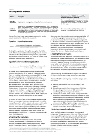 We Need to Talk: Measuring intercultural dialogue for peace and inclusion
107
Method Description
Application in the UNESCO Framework for
Enabling Intercultural Dialogue
Cold Deck
Imputation Replacing the missing value with a value from another source.
The Framework uses this either when it uses the
most recent data point in a series as the current
data point, or uses additional country statistics
to fill in gaps.
Hot Deck
Imputation
Replacing the missing value with a KNN imputation. KNN is an algorithm
that is useful for matching a point with its closest k neighbours in a multi-
dimensional space. It can be used for data that are continuous, discrete,
ordinal and categorical which makes it particularly useful for dealing with
missing data. The Framework fills in data gaps using the 5 most similar
countries to impute a value.
The Framework uses hot deck imputation for
data that is not available for all countries.
TABLE 3
Data imputation methods
the two. Therefore, in year y, after data imputation, the banded
score is calculated for indicator i by Equation 1.
Equation 1: Banding Equation
Banding this way indicates the implicit assumption that higher
levels of the indicator are better. However, higher levels of some
indicators, such as the political instability indicator, represent a
less desirable case for countries. In such cases, the banded score
is reversed and is calculated by Equation 2.
Equation 2: Reverse banding equation
An integral part of the banding process is to set appropriate
minimum and maximum cut off values for the banded scores.
There are empirical and normative methods available for doing
this. While some data may be distributed normally and,
therefore, lend itself well to standard mathematical techniques,
such as defining outliers as those greater than three standard
deviations from the mean, other data sets do not follow
well-behaved trends. The choice of which technique to use
depends on a number of considerations: the nature of the data,
the distribution, the purpose of the index, what information is
being conveyed, etc. Upon investigation of the global datasets
used in the Framework, very few of the distributions can be
classified as normal. The presence of outliers affects not only the
average, but the variance, skewing both the min and max.
To account for this, IEP have, in some instances, set statistically
derived minimums and maximums to ensure results are not too
heavily influenced by outliers. In cases with extreme outliers, the
lower bound is set as the lowest data point that is within 1.5
times the interquartile range below the first quartile (where the
interquartile range is defined as the distance between the first
and third quartiles). Similarly, the upper bound is set as the
largest data point that is within 1.5 times the interquartile range
above the third quartile.
Weighting the Indicators
As the purpose of the Framework has not been to rank
countries, but rather have a standardised score across all
domains, equal weighting was used for each indicator in each
domain. For example, there are seven indicators in the
Governance and Citizenship domain, so each are weighted at 1/7
= 0.143 when aggregated to a domain score. Similarly, the
Freedom of Expression domain has two indicators weighted at
0.5. As there was not the intention of combining these separate
domains into one aggregate score, equal weighting in the case of
the Framework was seen as a justifiable approach. Not
aggregating into one overall composite measure avoids
inadvertently weighting some indicators more heavily simply
because they form part of a domain with less indicators.
Selecting the Case Studies
To select the case studies, a Principal Components Analysis (PCA)
was conducted using all the indicators in the Framework. PCA is a
quantitative technique that reduces the 21 indicators in the
Framework to a set of statistical principal components. It is a
useful tool to create statistically derived metrics that separate
countries as much as they can be on a standard measure given
the input information. Further information can be found in the
OECD Handbook on Constructing Composite Indicators.23
The countries that received the highest score in their region in
the first principal component was selected as a case study.
Once identified, the following steps were taken to agree to the
case studies:
1) Selecting one case study from each of UNESCO’s five
regions;24
2) Only selecting countries from those contexts which have
strong enabling environments for ICD, confirmed by
undertaking a principal components analysis;
3) Selecting the countries on the basis of existing case studies
developed in the relevant literature (to be identified by using
our existing research and the results of a systematic literature
search, looking for relevant qualitative research which
explores the connection between the enabling/supportive
environment for ICD and specific dialogue processes);
4) Approval from the concerned delegations on the basis of the
selection made via the above mentioned criteria.
Points to consider in selection
Whilst justifiable, it’s worth recalling the methodological
limitations of the approach taken: 1) the pool of literature used
wasn’t selected through systematic criteria (it is the literature
reviewed for the scoping study for the project) and therefore
could inadvertently represent the biases of the researchers; 2)
the tallying of the frequency of how often each country is
mentioned doesn’t allow for an understanding of what is being
discussed in the literature, positive or negative.
23
Further information can be found in the OECD Handbook on Constructing Composite Indicators.
https://www.oecd.org/els/soc/handbookonconstructingcompositeindicatorsmethodologyanduserguide.htm
Bandedi
=
CountryIndicatorValue Є Yearyi
-〖mininumcutof fi
maximumcutof fi
- mininumcutof fi
ReverseBandedi
= 1–
CountryIndicatorValue Є Yearyi
– mininumcutof fi
maximumcutof fi
– mininumcutof fi
24
The five UNESCO regions were defined in: the 2022 edition of the UNESCO Basic Texts (p141 - 143)
 