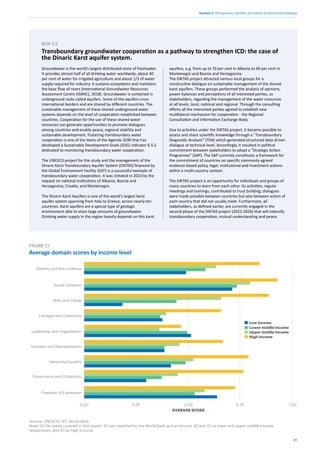 21
Section 2: The dynamics, benefits and trends of intercultural dialogue
Groundwater is the world’s largest distributed store of freshwater.
It provides almost half of all drinking water worldwide, about 40
per cent of water for irrigated agriculture and about 1/3 of water
supply required for industry. It sustains ecosystems and maintains
the base flow of rivers (International Groundwater Resources
Assessment Centre (IGRAC), 2018). Groundwater is contained in
underground rocks called aquifers. Some of the aquifers cross
international borders and are shared by different countries. The
sustainable management of these shared underground water
systems depends on the level of cooperation established between
countries. Cooperation for the use of these shared water
resources can generate opportunities to promote dialogues
among countries and enable peace, regional stability and
sustainable development. Fostering transboundary water
cooperation is one of the items of the Agenda 2030 that has
developed a Sustainable Development Goals (SDG) indicator 6.5.2
dedicated to monitoring transboundary water cooperation.
The UNESCO project for the study and the management of the
Dinaric Karst Transboundary Aquifer System (DIKTAS) financed by
the Global Environment Facility (GEF) is a successful example of
transboundary water cooperation. It was initiated in 2010 by the
request on national institutions of Albania, Bosnia and
Herzegovina, Croatia, and Montenegro.
The Dinaric Karst Aquifers is one of the world’s largest karst
aquifer system spanning from Italy to Greece, across nearly ten
countries. Karst aquifers are a special type of geologic
environment able to store large amounts of groundwater.
Drinking water supply in the region heavily depends on this karst
BOX 2.2
Transboundary groundwater cooperation as a pathway to strengthen ICD: the case of
the Dinaric Karst aquifer system.
aquifers, e.g. from up to 70 per cent in Albania to 90 per cent in
Montenegro and Bosnia and Herzegovina.
The DIKTAS project attracted various local groups for a
constructive dialogue on sustainable management of the shared
karst aquifers. These groups performed the analysis of opinions,
power balances and perceptions of all interested parties, as
stakeholders, regarding the management of the water resources
at all levels, local, national and regional. Through the consulting
efforts all the interested parties agreed to establish new
multilateral mechanism for cooperation - the Regional
Consultation and Information Exchange Body.
Due to activities under the DIKTAS project, it became possible to
assess and share scientific knowledge through a “Transboundary
Diagnostic Analysis” (TDA) which generated structured data-driven
dialogue at technical level. Accordingly, it resulted in political
commitment between stakeholders to adopt a “Strategic Action
Programme” (SAP). The SAP currently constitutes a framework for
the commitment of countries on specific commonly-agreed
evidence-based policy, legal, institutional and investment actions
within a multi-country context.
The DIKTAS project is an opportunity for individuals and groups of
many countries to learn from each other. Its activities, regular
meetings and trainings, contributed to trust building; dialogues
were made possible between countries but also between actors of
each country that did not usually meet. Furthermore, all
stakeholders, as defined earlier, are currently engaged in the
second phase of the DIKTAS project (2022-2026) that will intensify
transboundary cooperation, mutual understanding and peace.
Average domain scores by income level
FIGURE 2.1
0.00 0.25 0.50 0.75 1.00
Stability and Non-violence
Social Cohesion
Skills and Values
Linkages and Coherency
Leadership and Organisation
Inclusion and Representation
Horizontal Equality
Governance and Citizenship
Freedom of Expression
Source: UNESCO; IEP; World Bank
Note: Of the states covered in this report, 30 are classified by the World Bank as low income, 45 and 42 as lower and upper middle income,
respectively, and 43 as high income.
Low income
Lower middle income
Upper middle income
High income
AVERAGE SCORE
 