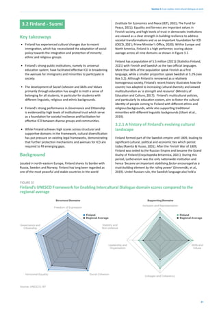 31
Section 3: Case studies: intercultural dialogue at work
3.2 Finland - Suomi
Key takeaways
• Finland has experienced cultural changes due to recent
immigration, which has necessitated the adaptation of social
policy towards the integration and protection of minority
ethnic and religious groups.
• Finland’s strong public institutions, namely its universal
education system, have facilitated effective ICD in broadening
the avenues for immigrants and minorities to participate in
society.
• The development of Social Cohesion and Skills and Values
primarily through education has sought to instil a sense of
belonging for all students, in particular for students with
different linguistic, religious and ethnic backgrounds.
• Finland’s strong performance in Governance and Citizenship
is evidenced by high levels of institutional trust which serve
as a foundation for societal resilience and facilitation for
effective ICD between diverse groups and communities.
• While Finland achieves high scores across structural and
supportive domains in the Framework, cultural diversification
has put pressure on existing legal frameworks, demonstrating
that further protection mechanisms and avenues for ICD are
required to fill emerging gaps.
Background
Located in north-eastern Europe, Finland shares its border with
Russia, Sweden and Norway. Finland has long been regarded as
one of the most peaceful and stable countries in the world
(Institute for Economics and Peace (IEP), 2021; The Fund for
Peace, 2021). Equality and fairness are important values in
Finnish society, and high levels of trust in democratic institutions
are viewed as a clear strength in building resilience to address
societal transformations and as an important foundation for ICD
(OECD, 2021; Prime Minister’s Office, 2020). Within Europe and
North America, Finland is a high performer, scoring above
average across all nine domains as shown in Figure 3.1.
Finland has a population of 5.5 million (2021) (Statistics Finland,
2021) with Finnish and Swedish as the two official languages.
More than 86% of the population speak Finnish as a first
language, while a smaller proportion speak Swedish at 5.2% (see
Box 3.2). Although Finland is renowned as a relatively
homogenous society, Finland’s recent history illustrates how the
country has adapted to increasing cultural diversity and viewed
multiculturalism as ‘a strength and resource’ (Ministry of
Education and Culture, 2017). Finland’s multicultural policies,
and particularly its education system, aim to foster the cultural
identity of people coming to Finland with different ethnic and
religious backgrounds, while also supporting traditional
minorities with different linguistic backgrounds (Ubani et al.,
2019).
3.2.1 A history of Finland’s evolving cultural
landscape
Finland formed part of the Swedish empire until 1809, leading to
significant cultural, political and economic ties which persist
today (Raento & Husso, 2001). After the Finnish War of 1809,
Finland was ceded to the Russian Empire and became the Grand
Duchy of Finland (Encyclopedia Britannica, 2021). During this
period, Lutheranism was the only nationwide institution and
hence ‘became an important stabilising factor encouraged as a
trust-building element by the ruling power’ (Sinnemäki, et al.,
2019). Under Russian rule, the Swedish language also held a
Finland’s UNESCO Framework for Enabling Intercultural Dialogue domain scores compared to the
regional average
FIGURE 3.1
Source: UNESCO; IEP
Finland
Regional Average
Finland
Regional Average
Freedom of Expression
Governance and
Citizenship
Stability and
Non-violence
Social Cohesion
Horizontal Equality
Inclusion and Representation
Leadership and
Organisation
Skills and
Values
Linkages and Coherency
Structural Domains Supporting Domains
 