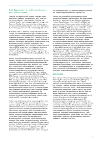 53
Section 3: Case studies: intercultural dialogue at work
3.6.3 Opportunities for further development
and challenges ahead
Oman has high capacity for ICD; however, challenges remain,
particularly in the lowest scoring indicators which come from
two structural domains - Governance and Citizenship and
Horizontal Equality - and one supporting domain - Linkages and
Coherency. Notably, Oman scores below the world average on
the horizontal accountability indicator which poses challenges to
its overall strong performance in the Horizontal Equality domain.
As shown in Table 3.5, the lowest scoring indicator is from the
Linkages and Coherency domain: the group acceptance indicator.
Group acceptance is measured by Gallup World Poll’s question
on whether respondents feel their area is a good place for Gay or
Lesbian people, immigrants, and religious or ethnic minorities. In
particular, discrimination against LGBTQI+ people continues to be
a challenge to inclusive dialogue in Omani society and is
underpinned by legislation which denies the social and economic
rights of LGBTQI+ people. Some of this legislation has become
increasingly discriminatory in recent years and same-sex
relations can be punished by up to three years in prison under
the new penal code (The Penal Law Promulgated by Royal Decree
7/2018, 2018).
Similarly, migrant workers have faced discrimination in the
workforce and legal system. Through the ‘kafala’ system, private
citizens and companies maintain control over migrant workers’
employment and immigration status (Robinson, 2021). In recent
years, calls for reform have increased due to reports of
widespread exploitation, inadequate living and working
conditions, inequitable access to medical care and health
insurance, and abuse, especially for female migrant workers
(Amnesty International, 2021; McQue, 2021; Robinson, 2021). In
2020, the state announced amendments to the existing
provisions of the ‘kafala’ system that would come into effect in
2021, allowing expatriate workers to change sponsors without
permission after completing a two-year contract (Business &
Human Rights Resource Centre, 2020). These amendments aim
to enhance the competitiveness of the labour market and
address current issues (Arabian Daily, 2021). Although there has
been some recent progress, Oman’s ability to improve Linkages
and Coherency and strengthen ICD depends upon the
implementation of frameworks and legislation to ensure the
protection of and equal treatment of diverse groups in society,
including LGBTQI+ people and migrant workers.
Furthermore, gender-based violence remains a significant issue
in Oman and specific legislation criminalising gender-based
violence is lacking. For instance, Omani law does not specifically
address domestic violence or sexual harassment, and spousal
rape is not criminalised (Freedom House 2020). Various female-
led civil society organisations in Oman have raised concerns
about gender-based violence, however, due to restrictions on
freedom of speech, many have been silenced (Padmaraj, 2020).
One of Oman’s lowest scoring indicators is horizontal
accountability, from the Horizontal Equality domain, which is
below the global average and captures the extent to which the
ideal of government accountability is achieved. This also captures
the extent to which the government’s power is held accountable
by civil society organisations. In Oman, weaknesses in group
acceptance and horizontal accountability interact and this
demonstrates how restriction of freedoms, and the silencing of
civil society organisations, can exacerbate gender discrimination
and, therefore, exclude women from engaging in ICD.
The voice and accountability indicator measures citizens’
perceptions of the extent to which they are able to participate in
selecting their government, as well as freedom of expression,
freedom of association and a free media. The 1996 Basic Law
guarantees freedom of the press and opinion provided that it
does not ‘lead to public discord or harm the security of the state’
(Bertelsmann Stiftung, 2020). However, in practice, the media
face many restrictions and authorities began to crackdown on
media organisations in the wake of the Arab Spring (BBC News,
2013). Journalists have also reported harassment for publishing
stories that are perceived as critical of government ministries
(United States Department of State, 2020). The lack of free media
in Oman hinders ICD by prohibiting the delivery of essential
information to the general public, thereby reducing opportunities
for horizontal accountability. Looking to the future, Oman faces a
demographic challenge, with nearly half of its citizens aged under
19 (Valeri, 2020). According to the World Bank, Oman’s youth
unemployment rate was 11.5% in 2019 (International Labour
Organization, n.d.). In 2018 and 2019, the government faced
protests with unemployed youths and recent graduates taking to
the streets to protest against high unemployment rates and
austerity measures, and to demand economic reform, including
more public sector jobs (Abouzzohour, 2021). This example
highlights the challenges Oman may face in the future in
ensuring its high capacity for ICD is sustainable and inclusive of
the growing youth population. Hence, finding ways to engage the
country’s youthful population will be an enduring challenge in
Oman to ensure that future development challenges do not lead
to increased social and political tensions.
Conclusion
Oman is diverse in terms of linguistics, ethnicity and religion and
the country has been successful in facilitating ICD largely by
‘imposing the idea of an Omani nation as the collective
framework of belonging’(Bertelsmann Stiftung, 2020). Oman’s
high capacity in ICD follows decades of development which have
modernised the country and created a sense of belonging based
on intercultural understanding, religious tolerance and mutual
respect. In particular, the development of Skills and Values has
been at the forefront of Oman’s progress, facilitating the
empowerment of women and establishing new avenues for ICD.
However, Oman faces several challenges in ensuring the
participation of all communities and individuals in ICD.
Discrimination against certain groups in society excludes their
participation in ICD, denying the potential for knowledge-sharing,
partnerships or transformative dialogue between diverse groups.
Future demographic challenges have the potential to establish
barriers to ICD for young people, and lead to increased tensions,
while limited avenues to ensure government accountability
hinder open dialogue and pose issues for public trust. These
aspects should be addressed in order benefit from Oman’s high
capacity for ICD and ensure the collective efforts of society to
navigate the challenges of the future.
 