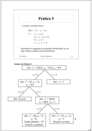 113
Prof. Fogliatto Pesquisa Operacional 113
Prática 5Prática 5
Considere o problema abaixo:
1 3
1 2 3
1 3
1 2 3
4
4 2 0
3 2
, , 0
x x
x x x
x x
x x x
+ ≤
+ − ≤
− ≤
≥
Min z = 3x1 - x2 + 5x3
s.a
Transforme as inequações em equações introduzindo var. de
folga. Monte o tableau inicial do problema.
SP1: z* = 165/4, x1 = 15/4, x2 = 9/4
x1 ≥ 4 x1 ≤ 3
SP2: z*
= 41, x1 = 4,
x2 = 9/5
SP3: z*
= ?
SP4: Inviável.
x2 ≥ 2
SP5: z*
= 365/9,
x1 = 40/9, x2 = 1
x2 ≤ 1
x1 ≥ 5 x1 ≤ 4
SP6: z*
= 40, x1 = 5,
x2 = 0.
Limite Inferior = 37
Solução candidata
SP7: z*
= 37, x1 = 4,
x2 = 1.
Solução excluída.
×
Solução da Prática 5:
 