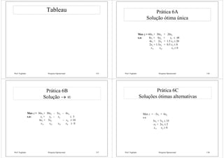 Prof. Fogliatto Pesquisa Operacional 135
Tableau
Prof. Fogliatto Pesquisa Operacional 136
Prática 6A
Solução ótima única
Max z = 60x1 + 30x2 + 20x3
s.a: 8x1 + 6x2 + x3 ≤ 48
4x1 + 2x2 + 1.5 x3 ≤ 20
2x1 + 1.5x2 + 0.5 x3 ≤ 8
x1, x2, x3 ≥ 0
Prof. Fogliatto Pesquisa Operacional 137
Prática 6B
Solução → ∞
Max z = 36x1 + 30x2 - 3x3 - 4x4
s.a: x1 + x2 - x3 ≤ 5
6x1 + 5x2 - x4 ≤ 10
x1, x2, x3, x4 ≥ 0
Prof. Fogliatto Pesquisa Operacional 138
Prática 6C
Soluções ótimas alternativas
Max z = -3x1 + 6x2
s.a
5x1 + 7x2 ≤ 35
-x1 + 2x2 ≤ 2
x1, x2 ≥ 0
 