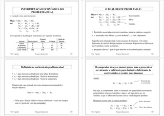 Prof. Fogliatto Pesquisa Operacional 147
INTERPRETAÇÃO ECONÔMICA DO
PROBLEMA DUAL
Max z = 60x1 + 30x2 + 20x3
s.a: 8x1 + 6x2 + 1x3 ≤ 48
4x1 + 2x2 + 1.5x3 ≤ 20
2x1 + 1.5x2 + 0.5x3 ≤ 8
x1, x2, x3 ≥ 0
O exemplo visto anteriormente:
Corresponde à modelagem matemática do seguinte problema:
Produto Qtidd de
Insumo Escrivaninha Mesa Cadeira Insumo
Tábua 8 6 1 48
Acabamto 4 2 1.5 20
Carpintaria 2 1.5 0.5 8
Lucro Venda $60 $30 $20
Prof. Fogliatto Pesquisa Operacional 148
O DUAL DESTE PROBLEMA É:
Min w = 48y1 + 20y2 + 8y3
s.a: 8y1 + 4y2 + 2y3 ≥ 60
6y1 + 2y2 + 1.5y3 ≥ 30
1y1 + 1.5y2 + 0.5y3 ≥ 20
y1, y2, y3 ≥ 0
Escrivaninha
Mesa
Cadeira
• Restrições associadas com escrivaninhas, mesas e cadeiras, respectiv.
• y1 associado com tábuas; y2 com acabamto; y3 com carpintaria.
Suponha uma situação onde exista escassez de insumos. Um outro
fabricante de móveis deseja comprar os insumos disponíveis na fábrica de
escrivaninhas, mesas e cadeiras.
A pergunta-chave é: qual o ágio máximo a ser cobrado pelos insumos?
Prof. Fogliatto Pesquisa Operacional 149
Definindo as variáveis do problema dual
• y1 = ágio máximo cobrado por uma tábua de madeira;
• y2 = ágio máximo cobrado por 1 hora de acabamento;
• y3 = ágio máximo cobrado por 1 hora de carpintaria
O ágio total a ser cobrado por estes insumos corresponderá à
função objetivo:
Min w = 48y1 + 20y2 + 8y3
• Note que a função objetivo busca minimizar o custo de compra:
este é o ponto de vista do comprador.
Prof. Fogliatto Pesquisa Operacional 150
O comprador deseja o menor preço, mas o preço deve
ser atraente o suficiente para induzir o fabricante de
escrivaninhas a vender seus insumos
Assim:
8y1 + 4y2 + 2y3 ≥ 60
Ou seja, se comprarmos todos os insumos nas quantidades necessárias
para produzir uma escrivaninha, o ágio a ser pago deve ser, no
mínimo, o que o fabricante lucraria com a venda daquele produto.
Restrição das
escrivaninhas
O mesmo ocorre com as outros produtos:
6y1 + 2y2 + 1.5y3 ≥ 30
1y1 + 1.5y2 + 0.5y3 ≥ 20
Restr. das mesas
Restr. das cadeiras
 