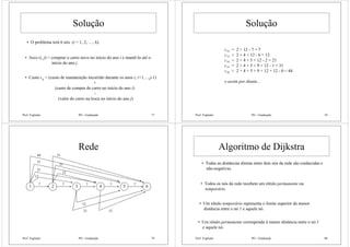 Prof. Fogliatto PO - Graduação 77
Solução
• O problema terá 6 nós (i = 1, 2, …, 6).
• Arco (i, j) = comprar o carro novo no início do ano i e mantê-lo até o
início do ano j.
• Custo cij = (custo de manutenção incorrido durante os anos i, i+1,…,j-1)
+
(custo de compra do carro no início do ano i)
-
(valor do carro na troca no início do ano j)
Prof. Fogliatto PO - Graduação 78
Solução
c12 = 2 + 12 - 7 = 7
c13 = 2 + 4 + 12 - 6 = 12
c14 = 2 + 4 + 5 + 12 - 2 = 21
c15 = 2 + 4 + 5 + 9 + 12 - 1 = 31
c16 = 2 + 4 + 5 + 9 + 12 + 12 - 0 = 44
e assim por diante...
Prof. Fogliatto PO - Graduação 79
Rede
1 2 3 4 5 6
7 7 7 7 7
12
21
31
44 31
21
12
21
12
12
Prof. Fogliatto PO - Graduação 80
Algoritmo de Dijkstra
• Todas as distâncias diretas entre dois nós da rede são conhecidas e
não-negativas.
• Todos os nós da rede recebem um rótulo permanente ou
temporário.
• Um rótulo temporário representa o limite superior da menor
distância entre o nó 1 e aquele nó.
• Um rótulo permanente corresponde à menor distância entre o nó 1
e aquele nó.
 