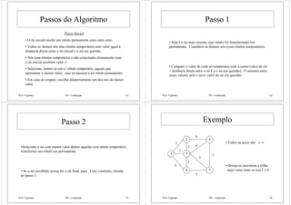 Prof. Fogliatto PO - Graduação 81
Passos do Algoritmo
Passo Inicial:
• O nó inicial recebe um rótulo permanente com valor zero.
• Todos os demais nós têm rótulos temporários com valor igual à
distância direta entre o nó inicial e o nó em questão.
• Nós com rótulos temporários e não conectados diretamente com
o nó inicial recebem valor ∝.
• Selecione, dentre os nós c/ rótulo temporário, aquele que
apresentar o menor valor; esse nó passará a ter rótulo permanente.
• Em caso de empate, escolha aleatoriamente um dos nós de menor
valor.
Prof. Fogliatto PO - Graduação 82
Passo 1
• Seja k o nó mais recente cujo rótulo foi transformado em
permanente. Considere os demais nós (com rótulos temporários).
• Compare o valor de cada nó temporário com a soma (valor do nó
+ distância direta entre o nó k e o nó em questão). O mínimo entre
esses valores será o novo valor do nó em questão.
Prof. Fogliatto PO - Graduação 83
Passo 2
•Selecione o nó com menor valor dentre aqueles com rótulo temporário;
transforme seu rótulo em permanente.
• Se o nó escolhido acima for o nó final, pare. Caso contrário, retorne
ao passo 1.
Prof. Fogliatto PO - Graduação 84
Exemplo
1
2
3
4
6
5
3
7
4
2
1
3
6
3
3
9
• Todos os arcos são
• Deseja-se encontrar a trilha
mais curta entre os nós 1 e 6.
 