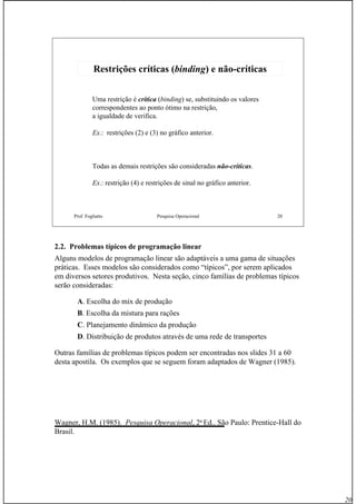 20
Prof. Fogliatto Pesquisa Operacional 20
Restrições críticas (Restrições críticas (bindingbinding) e não) e não--críticascríticas
Uma restrição é crítica (binding) se, substituindo os valores
correspondentes ao ponto ótimo na restrição,
a igualdade de verifica.
Ex.: restrições (2) e (3) no gráfico anterior.
Todas as demais restrições são consideradas não-críticas.
Ex.: restrição (4) e restrições de sinal no gráfico anterior.
2.2. Problemas típicos de programação linear
Alguns modelos de programação linear são adaptáveis a uma gama de situações
práticas. Esses modelos são considerados como “típicos”, por serem aplicados
em diversos setores produtivos. Nesta seção, cinco famílias de problemas típicos
serão consideradas:
A. Escolha do mix de produção
B. Escolha da mistura para rações
C. Planejamento dinâmico da produção
D. Distribuição de produtos através de uma rede de transportes
Outras famílias de problemas típicos podem ser encontradas nos slides 31 a 60
desta apostila. Os exemplos que se seguem foram adaptados de Wagner (1985).
Wagner, H.M. (1985). Pesquisa Operacional, 2a
Ed.. São Paulo: Prentice-Hall do
Brasil.
 