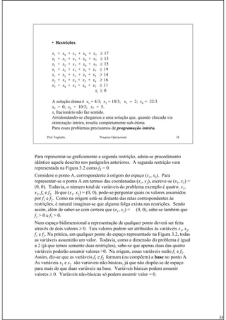 38
Prof. Fogliatto Pesquisa Operacional 38
• Restrições:
x1 + x4 + x5 + x6 + x7 ≥ 17
x1 + x2 + x5 + x6 + x7 ≥ 13
x1 + x2 + x3 + x6 + x7 ≥ 15
x1 + x2 + x3 + x4 + x7 ≥ 19
x1 + x2 + x3 + x4 + x5 ≥ 14
x2 + x3 + x4 + x5 + x6 ≥ 16
x3 + x4 + x5 + x6 + x7 ≥ 11
xi ≥ 0
A solução ótima é x1 = 4/3; x2 = 10/3; x3 = 2; x4 = 22/3
x5 = 0; x6 = 10/3; x7 = 5.
xi fracionário não faz sentido.
Arredondando-se chegamos a uma solução que, quando checada via
otimização inteira, resulta completamente sub-ótima.
Para esses problemas precisamos de programação inteira.
Para representar-se graficamente a segunda restrição, adota-se procedimento
idêntico aquele descrito nos parágrafos anteriores. A segunda restrição vem
representada na Figura 3.2 como f2 = 0.
Considere o ponto A, correspondente à origem do espaço (x1, x2). Para
representar-se o ponto A em termos das coordenadas (x1, x2), escreve-se (x1, x2) =
(0, 0). Todavia, o número total de variáveis do problema exemplo é quatro: x1,
x2, f1 e f2. Já que (x1, x2) = (0, 0), pode-se perguntar quais os valores assumidos
por f1 e f2. Como na origem está-se distante das retas correspondentes às
restrições, é natural imaginar-se que alguma folga exista nas restrições. Sendo
assim, além de saber-se com certeza que (x1, x2) = (0, 0), sabe-se também que
f1 > 0 e f2 > 0.
Num espaço bidimensional a representação de qualquer ponto deverá ser feita
através de dois valores ≥ 0. Tais valores podem ser atribuídos às variáveis x1, x2,
f1 e f2. Na prática, em qualquer ponto do espaço representado na Figura 3.2, todas
as variáveis assumirão um valor. Todavia, como a dimensão do problema é igual
a 2 (já que temos somente duas restrições), sabe-se que apenas duas das quatro
variáveis poderão assumir valores >0. Na origem, essas variáveis serão f1 e f2.
Assim, diz-se que as variáveis f1 e f2 formam (ou compõem) a base no ponto A.
As variáveis x1 e x2 são variáveis não-básicas, já que não dispõe-se de espaço
para mais do que duas variáveis na base. Variáveis básicas podem assumir
valores ≥ 0. Variáveis não-básicas só podem assumir valor = 0.
 