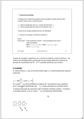 56
Prof. Fogliatto Pesquisa Operacional 56
• Variáveis de decisão:
A Regata deve determinar quantos barcos produzir usando mão-de-obra
normal e horas-extra a cada trimestre:
xt = barcos produzidos por m.o. normal durante trim. t.
yt = barcos produzidos por horas-extra durante trim. t.
Variáveis de estoque também devem ser definidas:
it = barcos em estoque no final do trimestre t.
Assim:
Custo total = custo produção normal + custo produção hora-extra +
custo estocagem
= 400 (x1 + x2 + x3 + x4) + 450(y1 + y2 + y3 + y4) +
20 (i1 + i2 + i3 + i4)
A partir do exemplo, estabeleceu-se o critério de saída de variáveis da base. Tal
critério está fundamentado no princípio de não-negatividade das variáveis de
decisão de um problema de PL. O 2o
resultado formaliza esse critério.
2o
resultado:
A variável básica xk que sai da base dando lugar a xj é determinada pela seguinte
expressão:
Os vetores e yj foram definidos na página 48. Os elementos que compõem
esses vetores são identificados por e y, sendo utilizados no resultado acima.
A operacionalização da expressão no 2o
resultado é bastante simples. Considere
o exemplo anterior, com os vetores e y2 devidamente identificados:
.0,
⎪⎭
⎪
⎬
⎫
⎪⎩
⎪
⎨
⎧
>= ij
ij
i
i
k yonde
y
b
Minx
b
b
2
2
1
1
2
1
4
x
f
f
⎥
⎦
⎤
⎢
⎣
⎡
−⎥
⎦
⎤
⎢
⎣
⎡
=⎥
⎦
⎤
⎢
⎣
⎡
b
b 2y
 
