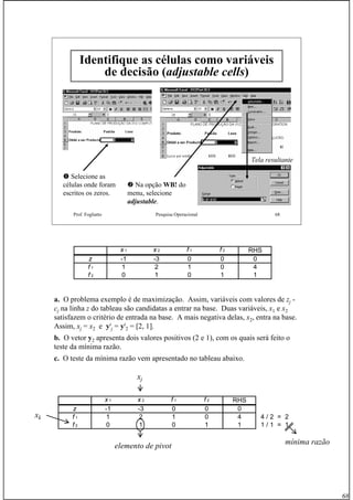 68
Prof. Fogliatto Pesquisa Operacional 68
Identifique as células como variáveis
de decisão (adjustable cells)
Selecione as
células onde foram
escritos os zeros.
Na opção WB!WB! do
menu, selecione
adjustable.
Tela resultante
a. O problema exemplo é de maximização. Assim, variáveis com valores de zj -
cj na linha z do tableau são candidatas a entrar na base. Duas variáveis, x1 e x2
satisfazem o critério de entrada na base. A mais negativa delas, x2, entra na base.
Assim, xj = x2 e yt
j = yt
2 = [2, 1].
b. O vetor y2 apresenta dois valores positivos (2 e 1), com os quais será feito o
teste da mínima razão.
c. O teste da mínima razão vem apresentado no tableau abaixo.
x 1 x 2 f 1 f 2 RHS
z -1 -3 0 0 0
f 1 1 2 1 0 4
f 2 0 1 0 1 1
x 1 x 2 f 1 f 2 RHS
z -1 -3 0 0 0
f 1 1 2 1 0 4 4 / 2 = 2
f 2 0 1 0 1 1 1 / 1 = 1
xj
mínima razãoelemento de pivot
xk
 