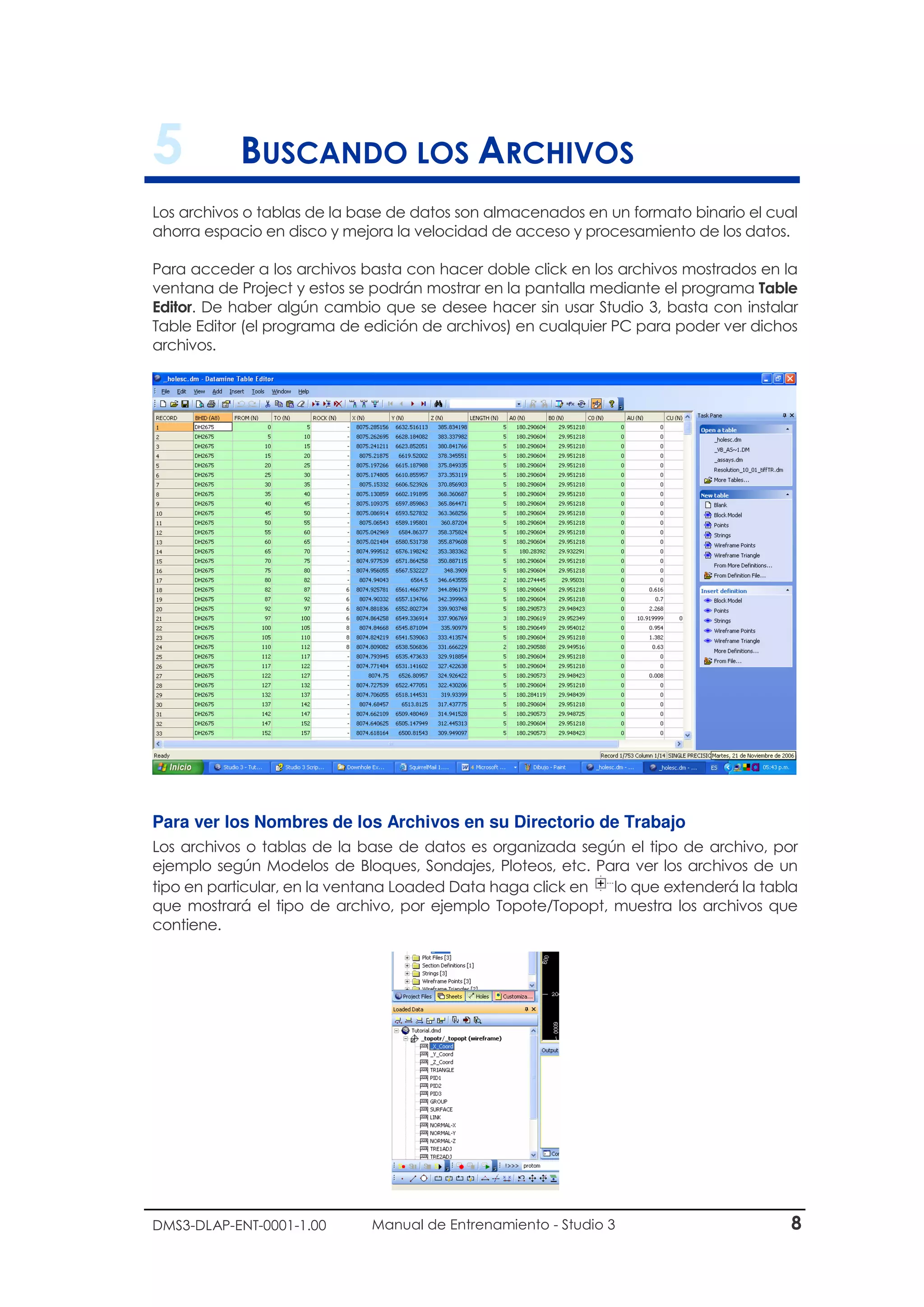 DMS3-DLAP-ENT-0001-1.00 Manual de Entrenamiento - Studio 3 8
5 BUSCANDO LOS ARCHIVOS
Los archivos o tablas de la base de datos son almacenados en un formato binario el cual
ahorra espacio en disco y mejora la velocidad de acceso y procesamiento de los datos.
Para acceder a los archivos basta con hacer doble click en los archivos mostrados en la
ventana de Project y estos se podrán mostrar en la pantalla mediante el programa Table
Editor. De haber algún cambio que se desee hacer sin usar Studio 3, basta con instalar
Table Editor (el programa de edición de archivos) en cualquier PC para poder ver dichos
archivos.
Para ver los Nombres de los Archivos en su Directorio de Trabajo
Los archivos o tablas de la base de datos es organizada según el tipo de archivo, por
ejemplo según Modelos de Bloques, Sondajes, Ploteos, etc. Para ver los archivos de un
tipo en particular, en la ventana Loaded Data haga click en lo que extenderá la tabla
que mostrará el tipo de archivo, por ejemplo Topote/Topopt, muestra los archivos que
contiene.
 