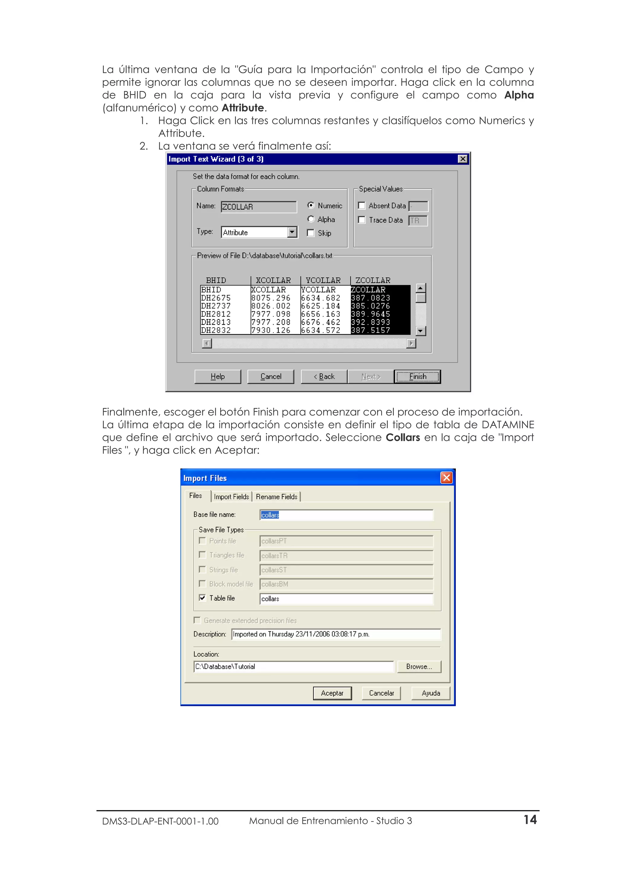 DMS3-DLAP-ENT-0001-1.00 Manual de Entrenamiento - Studio 3 14
La última ventana de la "Guía para la Importación" controla el tipo de Campo y
permite ignorar las columnas que no se deseen importar. Haga click en la columna
de BHID en la caja para la vista previa y configure el campo como Alpha
(alfanumérico) y como Attribute.
1. Haga Click en las tres columnas restantes y clasifíquelos como Numerics y
Attribute.
2. La ventana se verá finalmente así:
Finalmente, escoger el botón Finish para comenzar con el proceso de importación.
La última etapa de la importación consiste en definir el tipo de tabla de DATAMINE
que define el archivo que será importado. Seleccione Collars en la caja de "Import
Files ", y haga click en Aceptar:
 
