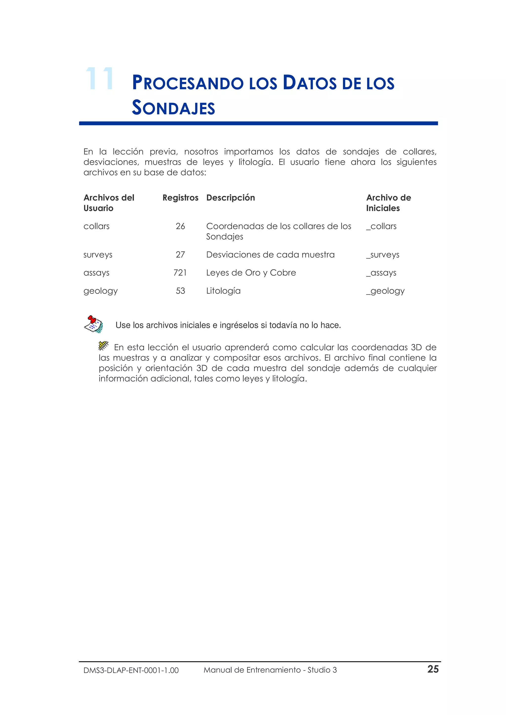 DMS3-DLAP-ENT-0001-1.00 Manual de Entrenamiento - Studio 3 25
11 PROCESANDO LOS DATOS DE LOS
SONDAJES
En la lección previa, nosotros importamos los datos de sondajes de collares,
desviaciones, muestras de leyes y litología. El usuario tiene ahora los siguientes
archivos en su base de datos:
Archivos del
Usuario
Registros Descripción Archivo de
Iniciales
collars 26 Coordenadas de los collares de los
Sondajes
_collars
surveys 27 Desviaciones de cada muestra _surveys
assays 721 Leyes de Oro y Cobre _assays
geology 53 Litología _geology
Use los archivos iniciales e ingréselos si todavía no lo hace.
En esta lección el usuario aprenderá como calcular las coordenadas 3D de
las muestras y a analizar y compositar esos archivos. El archivo final contiene la
posición y orientación 3D de cada muestra del sondaje además de cualquier
información adicional, tales como leyes y litología.
 