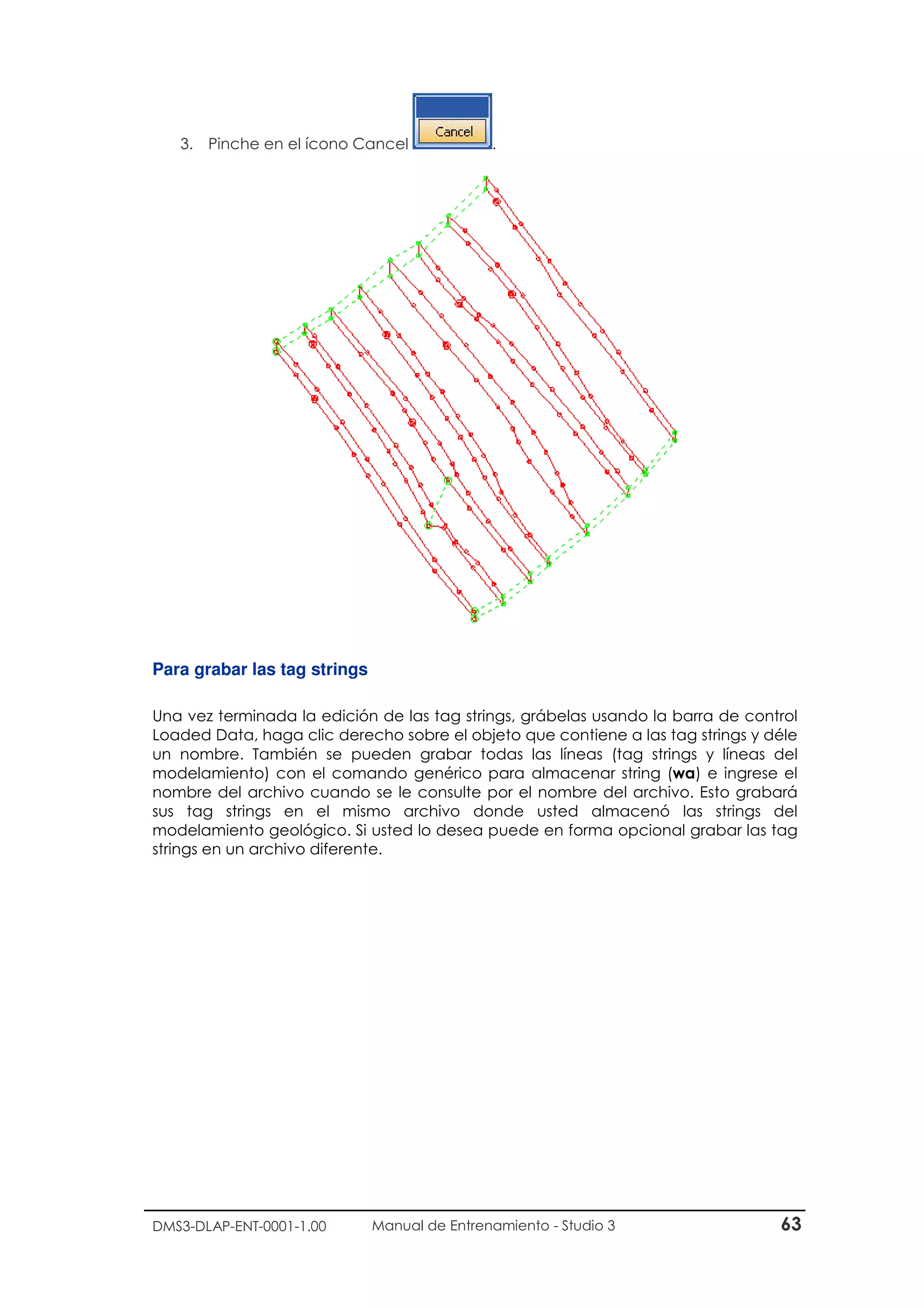 DMS3-DLAP-ENT-0001-1.00 Manual de Entrenamiento - Studio 3 63
3. Pinche en el ícono Cancel .
Para grabar las tag strings
Una vez terminada la edición de las tag strings, grábelas usando la barra de control
Loaded Data, haga clic derecho sobre el objeto que contiene a las tag strings y déle
un nombre. También se pueden grabar todas las líneas (tag strings y líneas del
modelamiento) con el comando genérico para almacenar string (wa) e ingrese el
nombre del archivo cuando se le consulte por el nombre del archivo. Esto grabará
sus tag strings en el mismo archivo donde usted almacenó las strings del
modelamiento geológico. Si usted lo desea puede en forma opcional grabar las tag
strings en un archivo diferente.
 