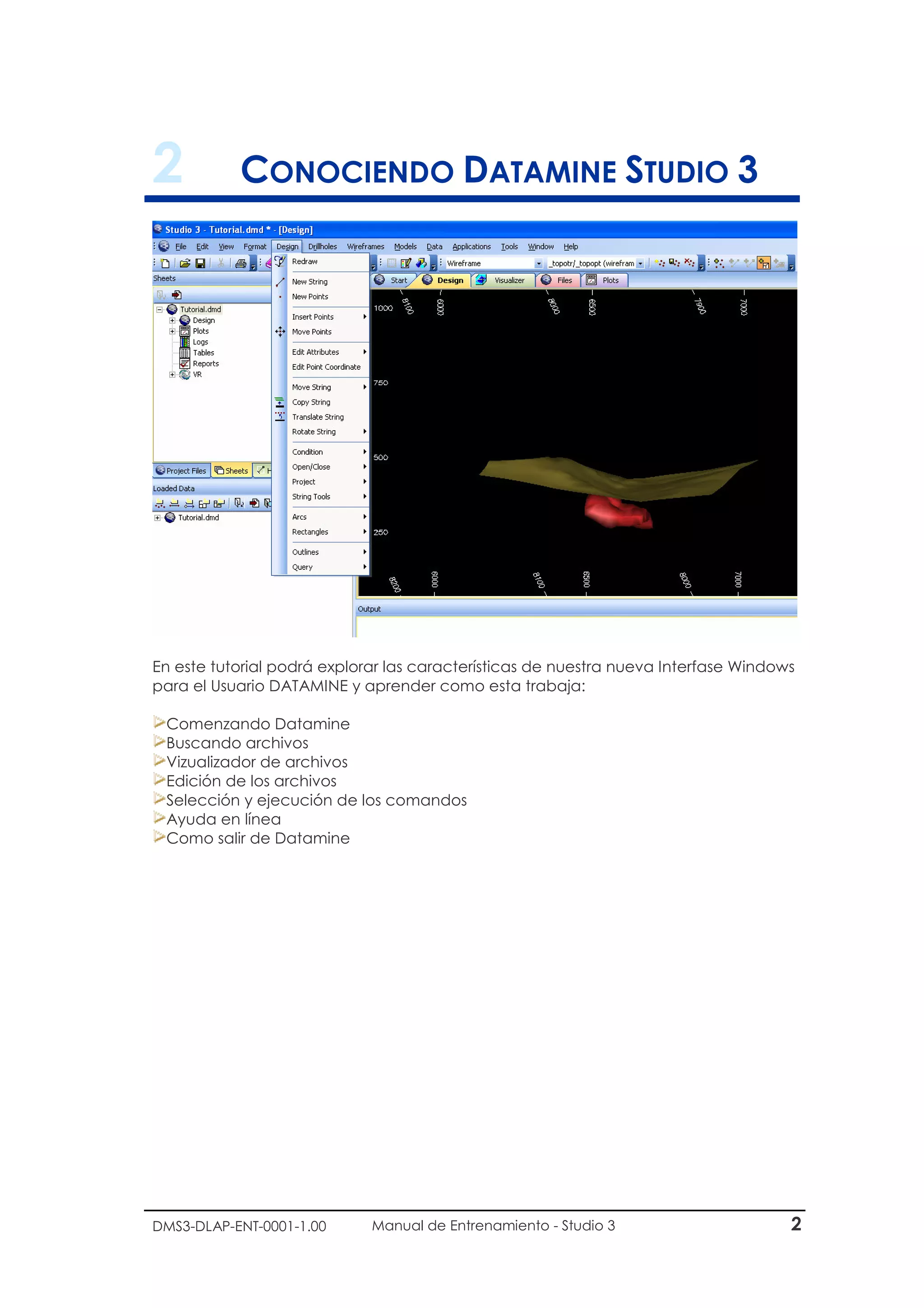 DMS3-DLAP-ENT-0001-1.00 Manual de Entrenamiento - Studio 3 2
2 CONOCIENDO DATAMINE STUDIO 3
En este tutorial podrá explorar las características de nuestra nueva Interfase Windows
para el Usuario DATAMINE y aprender como esta trabaja:
Comenzando Datamine
Buscando archivos
Vizualizador de archivos
Edición de los archivos
Selección y ejecución de los comandos
Ayuda en línea
Como salir de Datamine
 