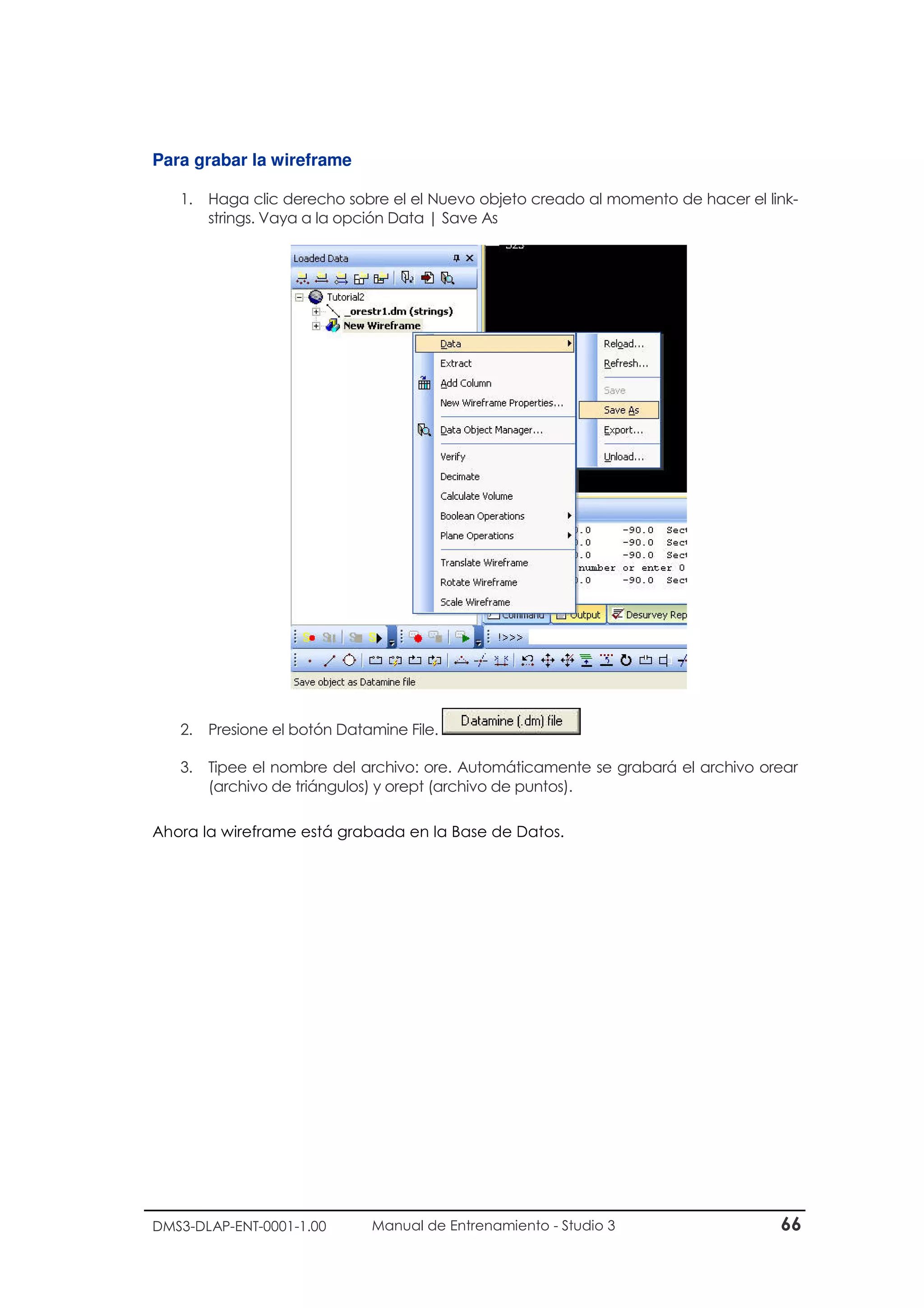 DMS3-DLAP-ENT-0001-1.00 Manual de Entrenamiento - Studio 3 66
Para grabar la wireframe
1. Haga clic derecho sobre el el Nuevo objeto creado al momento de hacer el link-
strings. Vaya a la opción Data | Save As
2. Presione el botón Datamine File.
3. Tipee el nombre del archivo: ore. Automáticamente se grabará el archivo orear
(archivo de triángulos) y orept (archivo de puntos).
Ahora la wireframe está grabada en la Base de Datos.
 