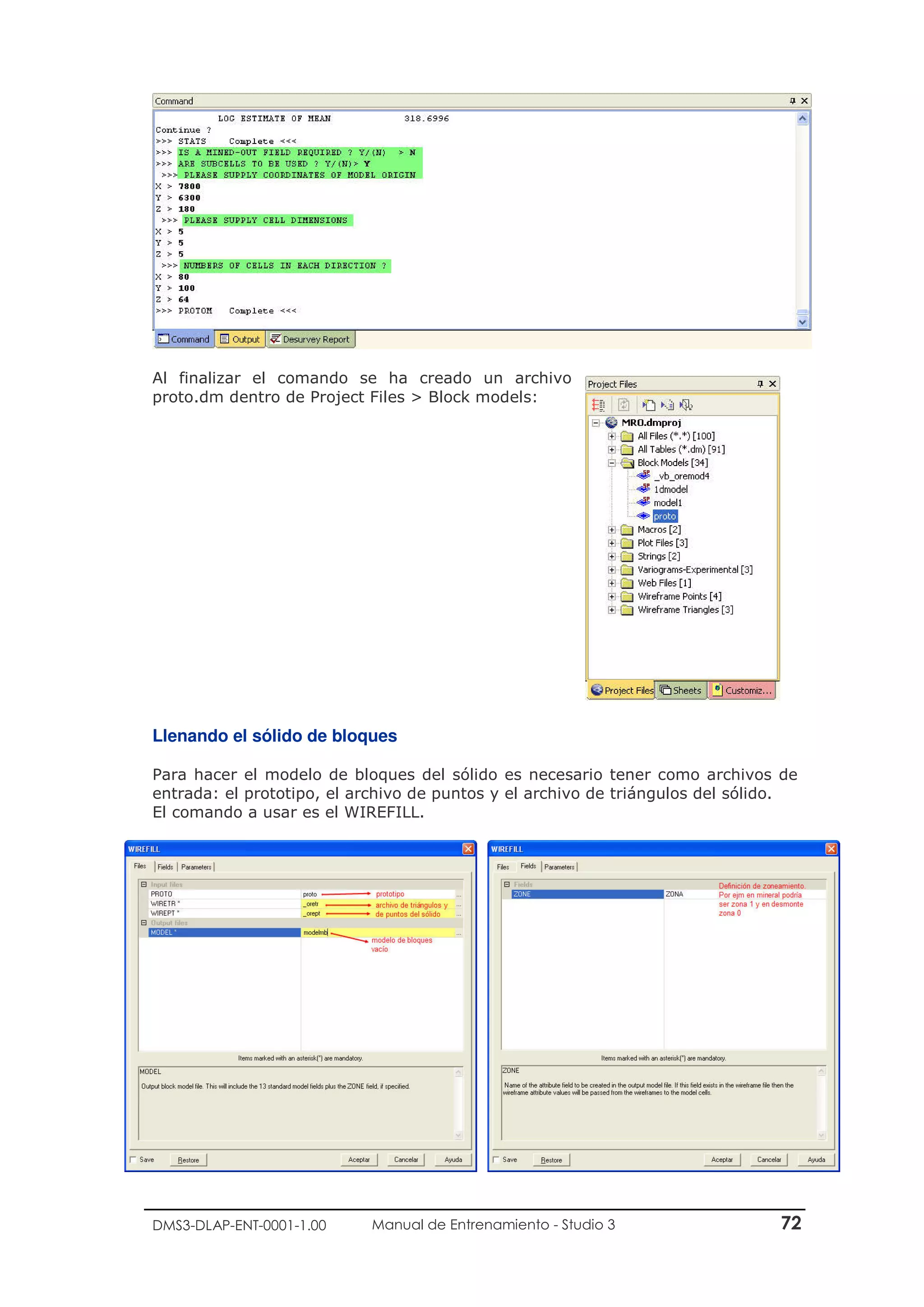 DMS3-DLAP-ENT-0001-1.00 Manual de Entrenamiento - Studio 3 72
Al finalizar el comando se ha creado un archivo
proto.dm dentro de Project Files > Block models:
Llenando el sólido de bloques
Para hacer el modelo de bloques del sólido es necesario tener como archivos de
entrada: el prototipo, el archivo de puntos y el archivo de triángulos del sólido.
El comando a usar es el WIREFILL.
 