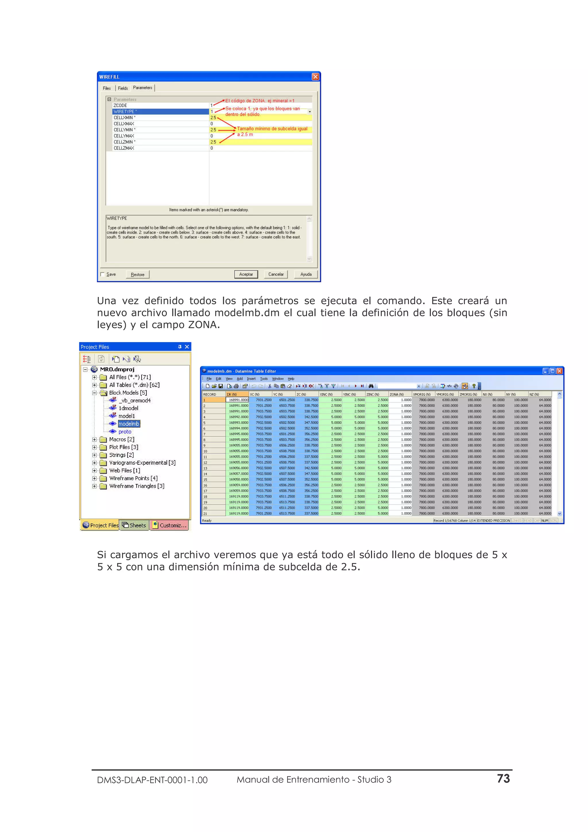 DMS3-DLAP-ENT-0001-1.00 Manual de Entrenamiento - Studio 3 73
Una vez definido todos los parámetros se ejecuta el comando. Este creará un
nuevo archivo llamado modelmb.dm el cual tiene la definición de los bloques (sin
leyes) y el campo ZONA.
Si cargamos el archivo veremos que ya está todo el sólido lleno de bloques de 5 x
5 x 5 con una dimensión mínima de subcelda de 2.5.
 