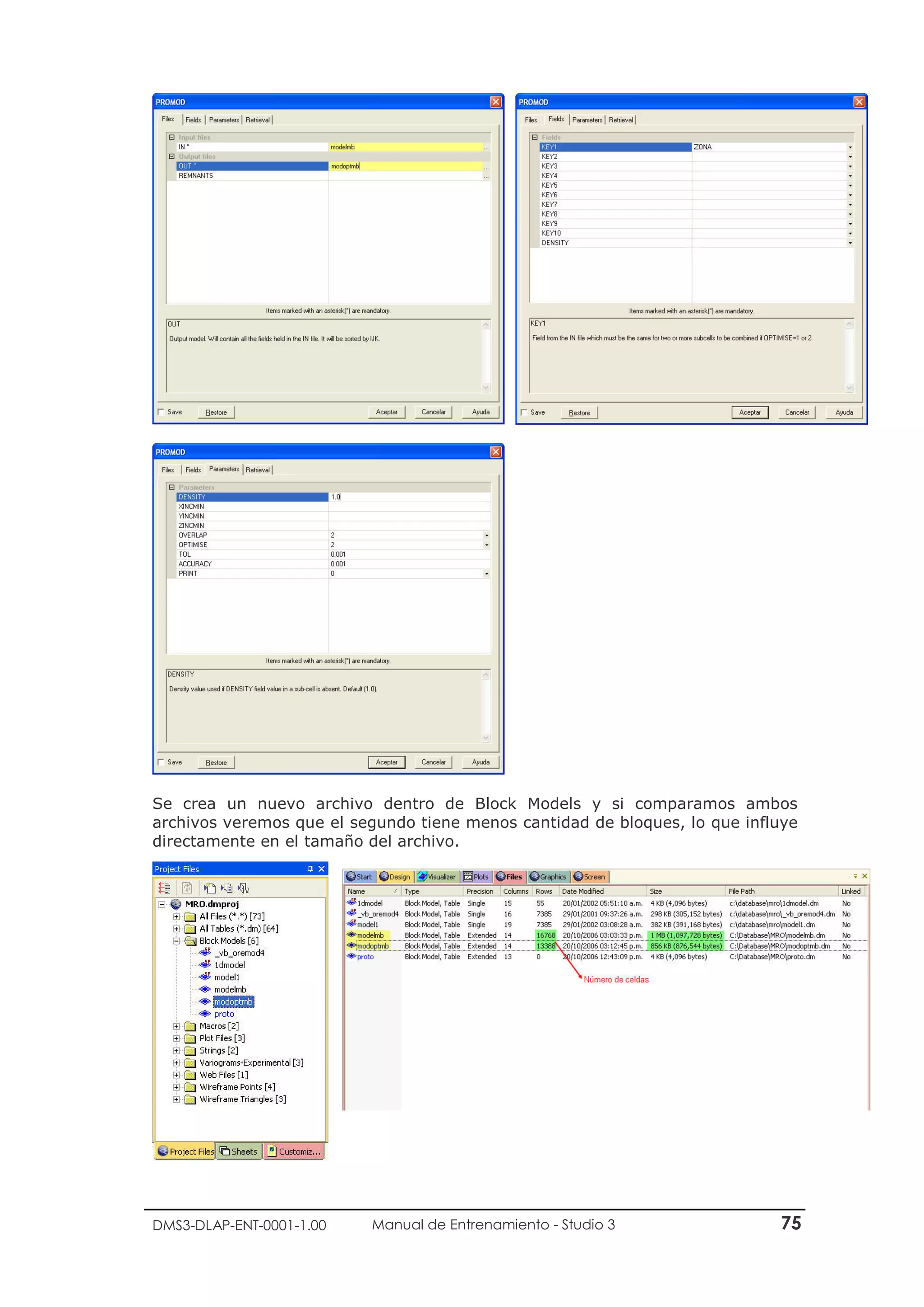 DMS3-DLAP-ENT-0001-1.00 Manual de Entrenamiento - Studio 3 75
Se crea un nuevo archivo dentro de Block Models y si comparamos ambos
archivos veremos que el segundo tiene menos cantidad de bloques, lo que influye
directamente en el tamaño del archivo.
 