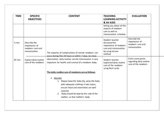 TIME SPECIFIC
OBJECTIVES
CONTENT TEACHING
LEARNING ACTIVITY
& AV AIDS
EVALUATION
telling you about all the
aspects of newborn
care as well as
immunizaton schedule.
Describe the
Student teacher
disclosed the
importance of newborn
care and immunizaton
by using lecture
method.
importance of
newborn care and
immunizaton.
½ min Describe the
importance of
newborn care and
immunizaton.
The majority of complicatons of normal newborn can
occur during ﬁrst 24 hours or within 7 days. So close
observaton, daily routne care & immunizaton is very Enlist some points
regarding daily routne
care of the newborn.
05 min Explain daily routne Student teacher
care of the newborn. important for health and survival of a newborn baby. explained daily routne
care of the newborn
using ﬂash cards.
The daily routne care of newborns are as follows:
 Warmth:
1. Always keep the baby dry, wrap the baby
with adequate clothing in two layers,
ensure head and extremites are well
covered.
2. Baby should be kept by the side of the
mother, so that mother’s body
 