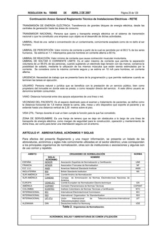 RESOLUCION No. 180466           DE      ABRIL 2 DE 2007                                    Página 25 de 129

      Continuación Anexo General Reglamento Técnico de Instalaciones Eléctricas - RETIE

TRANSMISIÓN DE ENERGÍA ELÉCTRICA: Transferencia de grandes bloques de energía eléctrica, desde las
centrales de generación hasta las áreas de consumo.

TRANSMISOR NACIONAL: Persona que opera y transporta energía eléctrica en el sistema de transmisión
nacional o que ha constituido una empresa cuyo objeto es el desarrollo de dichas actividades.

UMBRAL: Nivel de una señal o concentración de un contaminante, comúnmente aceptado como de no daño al ser
humano.

UMBRAL DE PERCEPCIÓN: Valor mínimo de corriente a partir de la cual es percibida por el 99.5 % de los seres
humanos. Se estima en 1,1 miliamperios para los hombres en corriente alterna a 60 Hz.

UMBRAL DE REACCIÓN: Valor mínimo de corriente que causa contracción muscular involuntaria.
UMBRAL DE SOLTAR O CORRIENTE LIMITE: Es el valor máximo de corriente que permite la separación
voluntaria de un 99.5% de las personas, cuando sujetando un electrodo bajo tensión con las manos, conserva la
posibilidad de soltarlo, mediante la utilización de los mismos músculos que están siendo estimulados por la
corriente. Se considera como la máxima corriente segura y se estima en 10 mA para hombres, en corriente
alterna.

URGENCIA: Necesidad de trabajo que se presenta fuera de la programación y que permite realizarse cuando se
terminen las tareas en ejecución.

USUARIO: Persona natural o jurídica que se beneficia con la prestación de un servicio público, bien como
propietario del inmueble en donde este se presta, o como receptor directo del servicio. A este último usuario se
denomina también consumidor.

VANO: Distancia horizontal entre dos apoyos adyacentes de una línea o red.

VECINDAD DEL PACIENTE: Es el espacio destinado para el examen y tratamiento de pacientes, se define como
la distancia horizontal de 1,8 metros desde la cama, silla, mesa u otro dispositivo que soporte al paciente y se
extiende hasta una distancia vertical de 2,30 metros sobre el piso.

VIDA ÚTIL: Tiempo durante el cual un bien cumple la función para la que fue concebido.

ZONA DE SERVIDUMBRE: Es una franja de terreno que se deja sin obstáculos a lo largo de una línea de
transporte de energía eléctrica, como margen de seguridad para la construcción, operación y mantenimiento de
dicha línea, así como para tener una interrelación segura con el entorno.


ARTÍCULO 4º. ABREVIATURAS, ACRÓNIMOS Y SIGLAS

Para efectos del presente Reglamento y una mayor información, se presenta un listado de las
abreviaturas, acrónimos y siglas más comúnmente utilizadas en el sector eléctrico; unas corresponden
a los principales organismos de normalización, otras son de instituciones o asociaciones y algunas son
de uso común y repetido.

     AMBITO                                ORGANISMO DE NORMALIZACIÓN                                       NORMA
                      SIGLA/                              NOMBRE
                    ACRÓNIMO
ESPAÑA              AENOR          Asociación Española de Normalización y Certificación                      UNE
FRANCIA             AFNOR          Association Francaise de Normalisation                                     NF
E.E. U.U.           ANSI           American National Standards Institute                                     ANSI
INGLATERRA          BSI            British Standards Institution                                              BS
SUR AMÉRICA         CAN            Comité Andino de Normalización
SUR AMÉRICA         CANENA         Consejo de Armonización de Normas Electrotécnicas Naciones de
                                   América
EUROPA              CENELEC        Comitè Europèen de Normalization Electro-technique                         EN
AMÉRICA             COPANT         Comisión Panamericana de Normas Técnicas                                 COPANT
COLOMBIA            ICONTEC        Instituto Colombiano de Normas Técnicas y Certificación                   NTC
INTERNACIONAL       IEC            International Electrotechnical Commission                                  IEC
INTERNACIONAL       ISO            International Organization for Standardization                             ISO
INTERNACIONAL       UIT-ITU        Unión       Internacional      de     Telecomunicaciones-International     UIT
                                   Telecommunication Union
ALEMANIA            DIN            Deutsches Institut fur Normung                                            VDE
                                    Tabla 2.    Organismos de Normalización.



                          ACRÓNIMOS, SIGLAS Y ABREVIATURAS DE COMÚN UTILIZACIÓN
 