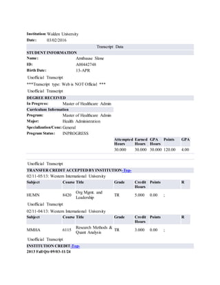 Walden Transcript Unofficial Transcript Arntbause G. Slone MHA | DOCX
