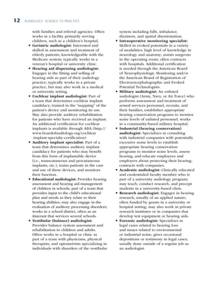 AUDIOLOGY: SCIENCE TO PRACTICE
12
with families and referral agencies. Often
works in a facility primarily serving
children, such as a children’s hospital.
l
l Geriatric audiologist: Interested and
skilled in assessment and treatment of
elderly patients; knowledgeable with the
Medicare system; typically works in a
veteran’s hospital or university clinic.
l
l Hearing aid dispensing audiologist:
Engages in the fitting and selling of
hearing aids as part of their audiology
practice; typically works in a private
practice, but may also work in a medical
or university setting.
l
l Cochlear implant audiologist: Part of
a team that determines cochlear implant
candidacy; trained in the “mapping” of the
patient’s device and monitoring its use.
May also provide auditory rehabilitation
for patients who have received an implant.
An additional certification for cochlear
implants is available through ABA (http://
www.boardofaudiology.org/cochlear
-implant-specialty-certification)
l
l Auditory implant specialist: Part of a
team that determines auditory implant
candidacy for patients who may benefit
from this form of implantable device
(i.e., transcutaneous and percutaneous
implants, etc.), trains patients in the care
and use of these devices, and monitors
their function.
l
l Educational audiologist: Provides hearing
assessment and hearing aid management
of children in schools; part of a team that
provides input to the child’s educational
plan and needs as they relate to their
hearing abilities; may also engage in the
evaluation of auditory processing disorders;
works in a school district, often as an
itinerant that services several schools.
l
l Vestibular (balance) audiologist:
Provides balance system assessment and
rehabilitation to children and adults.
Often works in a hospital or clinic as
part of a team with physicians, physical
therapists, and optometrists specializing in
individuals with disorders of the vestibular
system including falls, imbalance,
dizziness, and spatial disorientation.
l
l Intraoperative monitoring specialist:
Skilled in evoked potentials in a variety
of modalities; high level of knowledge in
neurology and anatomy; assists surgeons
in the operating room; often contracts
with hospitals. Additional certification
is needed through the American Board
of Neurophysiologic Monitoring and/or
the American Board of Registration of
Electroencephalographic and Evoked
Potential Technologists.
l
l Military audiologist: An enlisted
audiologist (Army, Navy, or Air Force) who
performs assessment and treatment of
armed services personnel, recruits, and
their families; establishes appropriate
hearing conservation programs to monitor
noise levels of enlisted personnel; works
in a community-based military hospital.
l
l Industrial (hearing conservation)
audiologist: Specializes in consulting
with industrial companies with potentially
excessive noise levels to establish
appropriate hearing conservation
programs to monitor noise levels, assess
hearing, and educate employees and
employers about protecting their hearing;
contracts with companies.
l
l Academic audiologist: Clinically educated
and credentialed faculty member who is
part of a university audiology program;
may teach, conduct research, and precept
students in a university-based clinic.
l
l Research audiologist: Engages in hearing
research, usually of an applied nature;
often funded by grants in a university or
hospital setting; may also work in private
research institutes or in companies that
develop test equipment or hearing aids.
l
l Forensic audiologist: Specializes in
legal cases related to hearing loss
and issues related to environmental
or industrial noise; gives occasional
depositions or testimony in legal cases;
usually done outside of a regular job as
an audiologist.
 
