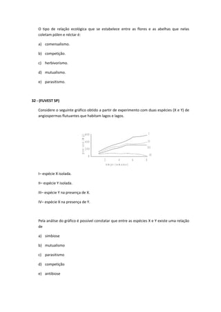 O tipo de relação ecológica que se estabelece entre as flores e as abelhas que nelas
coletam pólen e néctar é:
a) comensalismo.
b) competição.
c) herbivorismo.
d) mutualismo.
e) parasitismo.
32 - (FUVEST SP)
Considere o seguinte gráfico obtido a partir de experimento com duas espécies (X e Y) de
angiospermas flutuantes que habitam lagos e lagos.
pesoseco(mg)
t e m p o ( s e m a n a s )
2 4 6 8
0
I
I I
I I I
I V
2 0 0
4 0 0
6 0 0
I– espécie X isolada.
II– espécie Y isolada.
III– espécie Y na presença de X.
IV– espécie X na presença de Y.
Pela análise do gráfico é possível constatar que entre as espécies X e Y existe uma relação
de
a) simbiose
b) mutualismo
c) parasitismo
d) competição
e) antibiose
 