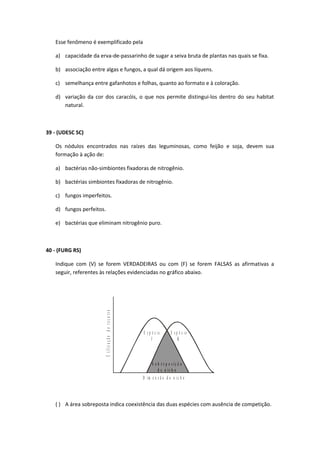 Esse fenômeno é exemplificado pela
a) capacidade da erva-de-passarinho de sugar a seiva bruta de plantas nas quais se fixa.
b) associação entre algas e fungos, a qual dá origem aos líquens.
c) semelhança entre gafanhotos e folhas, quanto ao formato e à coloração.
d) variação da cor dos caracóis, o que nos permite distingui-los dentro do seu habitat
natural.
39 - (UDESC SC)
Os nódulos encontrados nas raízes das leguminosas, como feijão e soja, devem sua
formação à ação de:
a) bactérias não-simbiontes fixadoras de nitrogênio.
b) bactérias simbiontes fixadoras de nitrogênio.
c) fungos imperfeitos.
d) fungos perfeitos.
e) bactérias que eliminam nitrogênio puro.
40 - (FURG RS)
Indique com (V) se forem VERDADEIRAS ou com (F) se forem FALSAS as afirmativas a
seguir, referentes às relações evidenciadas no gráfico abaixo.
Utilizaçãodorecurso
E s p é c i e
J
E s p é c i e
K
S o b r e p o s i ç ã o
d e n i c h o
D i m e n s ã o d o n i c h o
( ) A área sobreposta indica coexistência das duas espécies com ausência de competição.
 