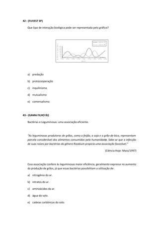 42 - (FUVEST SP)
Que tipo de interação biológica pode ser representada pelo gráfico?
t e m p o
milharesdeindivíduos
1 4 0
1 2 0
1 0 0
8 0
6 0
4 0
2 0
0
1 9 2 0 1 9 3 0 1 9 4 0 1 9 5 0 1 9 6 0 1 9 7 0 1 9 8 0 1 9 9 0 2 0 0 0
e s p é c i e A
e s p é c i e B
a) predação
b) protocooperação
c) inquilinismo
d) mutualismo
e) comensalismo
43 - (GAMA FILHO RJ)
Bactérias e Leguminosas: uma associação eficiente.
“As leguminosas produtoras de grãos, como o feijão, a soja e o grão-de-bico, representam
parcela considerável dos alimentos consumidos pela humanidade. Sabe-se que a infecção
de suas raízes por bactérias do gênero Rizobium propicia uma associação favorável.”
(Ciência Hoje: Maio/1997)
Essa associação confere às leguminosas maior eficiência, geralmente expressa no aumento
da produção de grãos, já que essas bactérias possibilitam a utilização de:
a) nitrogênio do ar.
b) nitratos do ar.
c) aminoácidos do ar.
d) água do solo.
e) cadeias carbônicas do solo.
 