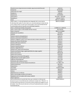 113
Alveolococosis(equinococosisalveolar,equinococomultilocular) 5481454
Alzheimer 481854383
Ambliopía (ojo vago) 1899999
Amebiasis 1289145
Amenorrea 514354832
Amiloidosis 4512345, 5432185
Amoebiasis 1289145 79(17)
Amor 888 412 1289018
Amor eterno. La durabilidad del amor depende de la consciencia
individual del sujeto.El amor eterno es caracterizado por la decisión de
vivir y desarrollar un amor que sea duradero y de la posibilidad dedar
continuidad a este en basede una viabilidad subjetiva.
888 912 818848
Amor inhibido (prohibido,bloqueado) 219888 412 1289018
Amor Tántrico (por la dificultades detipo sexual) 491754218
Amor Universal 888 912 818848
Amputación traumática 5451891
Anemia 48543212
Anemia aplástica(hipoplástica) 5481541
Anemia autoinmune hemolítica 5814311
Anemia congénita, junto a una alteración dela síntesis deporfirina 4581254
Anemia de células falciformes 7891017
Anemia deficiencia dehierro 1458421
Anemia hemolítica 5484813
Anemia hemolíticatóxica 45481424
Anemia megaloblástica 5481254
Anemia por intoxicación deplomo 1237819
Anemia posthemorrágica aguda (pérdida de sangre, aguda) 9481232
Aneurisma aórtico 48543218
Aneurisma cardiaco 9187549
Angina tonsillaris (tonsilitisaguda) 1999999
Angiofibroma nasofaringeal juvenil 1111122
Angioma (hemangioma) 4812 599
Anomalías del sistema urinario 1234571
Anquilosisdearticulación temporomandibular 5 1 4852 179
Anquilostomiaisis 4815454
Anquiolosis 1848522
Ansiedad 51949131948
Antracosis 5843214
Antrax 9998991
Apendicitis en la infancia 9999911
Aplicar tecnologías dedesarrollo eterno 419 875
Apoplejía ovárica (ruptura del corpus luteum) 1238543
Aquilia gástrica 8432157
Archivo del Alma (un punto del alma,que contiene la información
necesaria para la transformación contieneel creador de la "Norma", la
chispa divina quelleva en la conciencia esta conexión primigenia con el
Creador. Esta información de este archivo es fundamental para nuestra
transformación.
518471818211
 