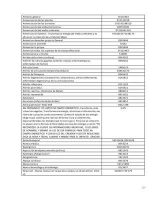 114
Armonía general 14111963
Armonización de las plantas 811120218
Armonización de los animales 555142198110
Armonización del ambiente familiar 285555901
Armonización del medio ambiente 97318541218
Armonización General. Transmuta la energía del medio ambiente y es
eficazen la intención de un Mundo Mejor
9718319575148179
Armonizar desorden psíquico General 8345444
Armonizar el presente 71042
Armonizar la psique 8345444
Armonizar todos los aspectos de mi vida professional 14111963
Armonizarsea si mismo 514891
Arritmia (disrritmia cardiaca) 8543210
Arteritis de células gigantes (arteritis craneal,arteritistemporal,
enfermedad de Horton)
9998102
Articulaciones 1489123
Artritis de articulación temporomandibular 548432174
Artritis de Takayasu 8945432
Artritis degenerativa (osteoartritis,osteoartrosis,artrosisdeformante,
enfermedad degenerativa de las articulaciones)
8145812
Artritis infecciosa 8111110
Artritis psoriática 0145421
Artritis reactiva - (Síndrome de Reiter) 4848111
Artritis reumatoide 8914201
Asbestosis 4814321
Ascariasis (Infección deAscárides) 4814812
Asfixia perinatal - 4812 348 4812 348
ASI PRONUNCIO: YO LIMPIO MI CAMPO ENERGÉTICO…transformo esta
situación negativa,Transformo esa energía, elimino esa información,me
libero de cualquier condicionamiento.Cambio el estado de esa energía
(diga lo que usted quiere realizar deforma clara a usted mismo,
expulsando todas las energías que no son suyas). Para eso yo coloco en
mi plexo solar la fórmula E=VS (2 dedos encima del ombigo), y recito "YO
RECONOZCO LA FUENTE DE INFORMACIONES NEGATIVAS, O LOS SERES
DE SOMBRAS, Y EMANO LA LUZ DE ESA FORMULA PARA TODO MI
CAMPO ENERGETICO Y CON LA LUZ DEL CREADOR FIJO ESTE RESULTADO.
DIGA LA HORA Y FECHA, ILUMINE Y MANDE PARA EL INFINITO. GRACIAS!
E=VS
Asma bronquial 58145428, 8943548
Asma cardiaca 8543214
Aspergilosis 481543271
Aspiración deobjetos extraños (asfixia) 4821543
Astenopia (fatiga ocular) 9814214
Astigmatismo 1421543
Ataque cardiaco 8915678
Aterosclerosis 543 21898
Atonia del esófago y el estómago 8123457
Atracción - (fuerza mutua con la que dos cuerpos se atraen entren entre
sí)
314819 719 579
 